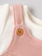 Popees Baby Girls Textured Pinafore Dress Set with Short Sleeve Top | Soft Cotton Blend 2-Piece Outfit | NB-9 Months