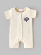 Popees Baby Girls Ribbed Cotton Half Sleeve Romper | Front Snap Button Onesie with Soccer Patch | Soft & Breathable | 0–6 Months