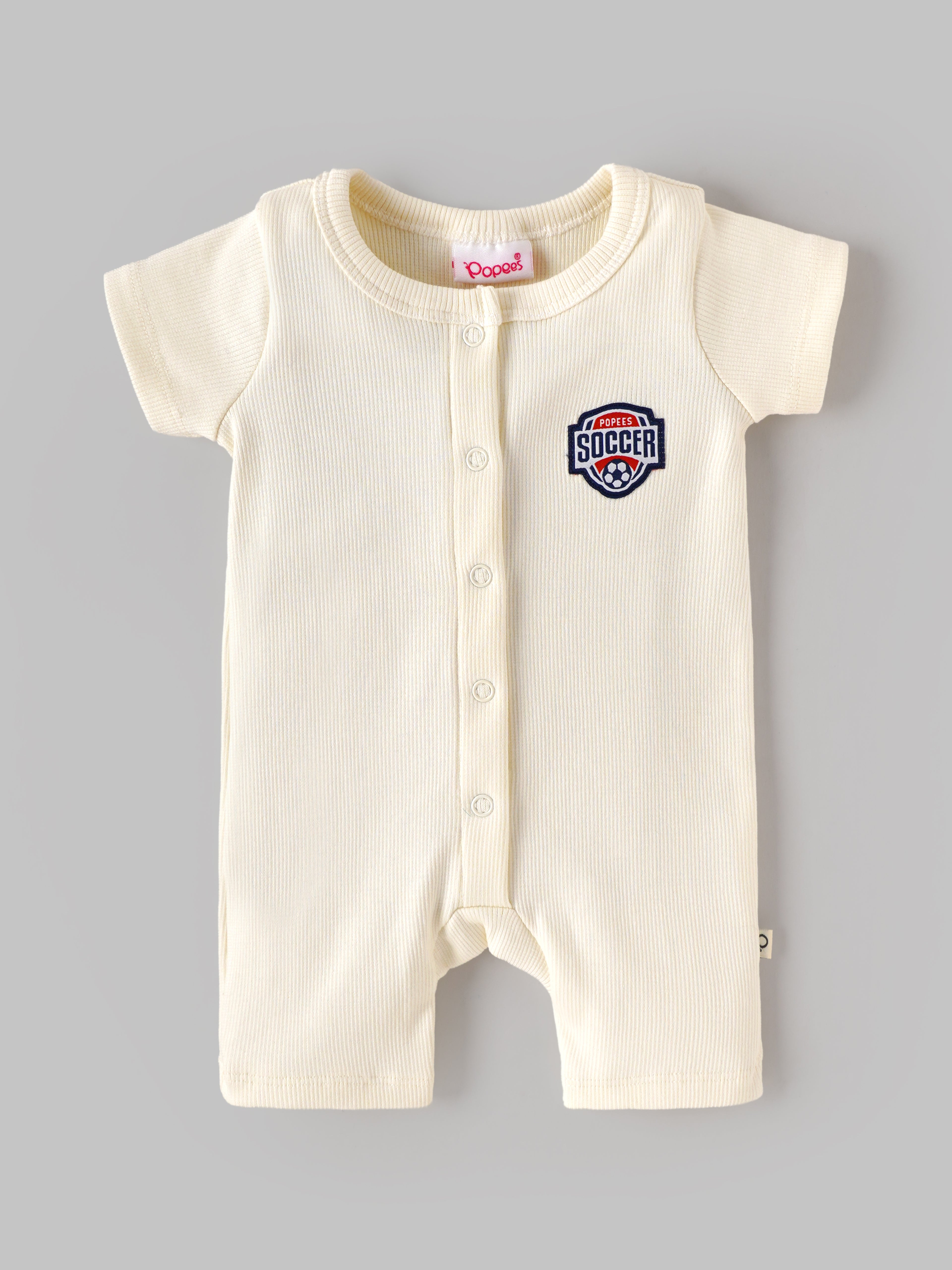 Popees Baby Girls Ribbed Cotton Half Sleeve Romper | Front Snap Button Onesie with Soccer Patch | Soft & Breathable | 0–6 Months