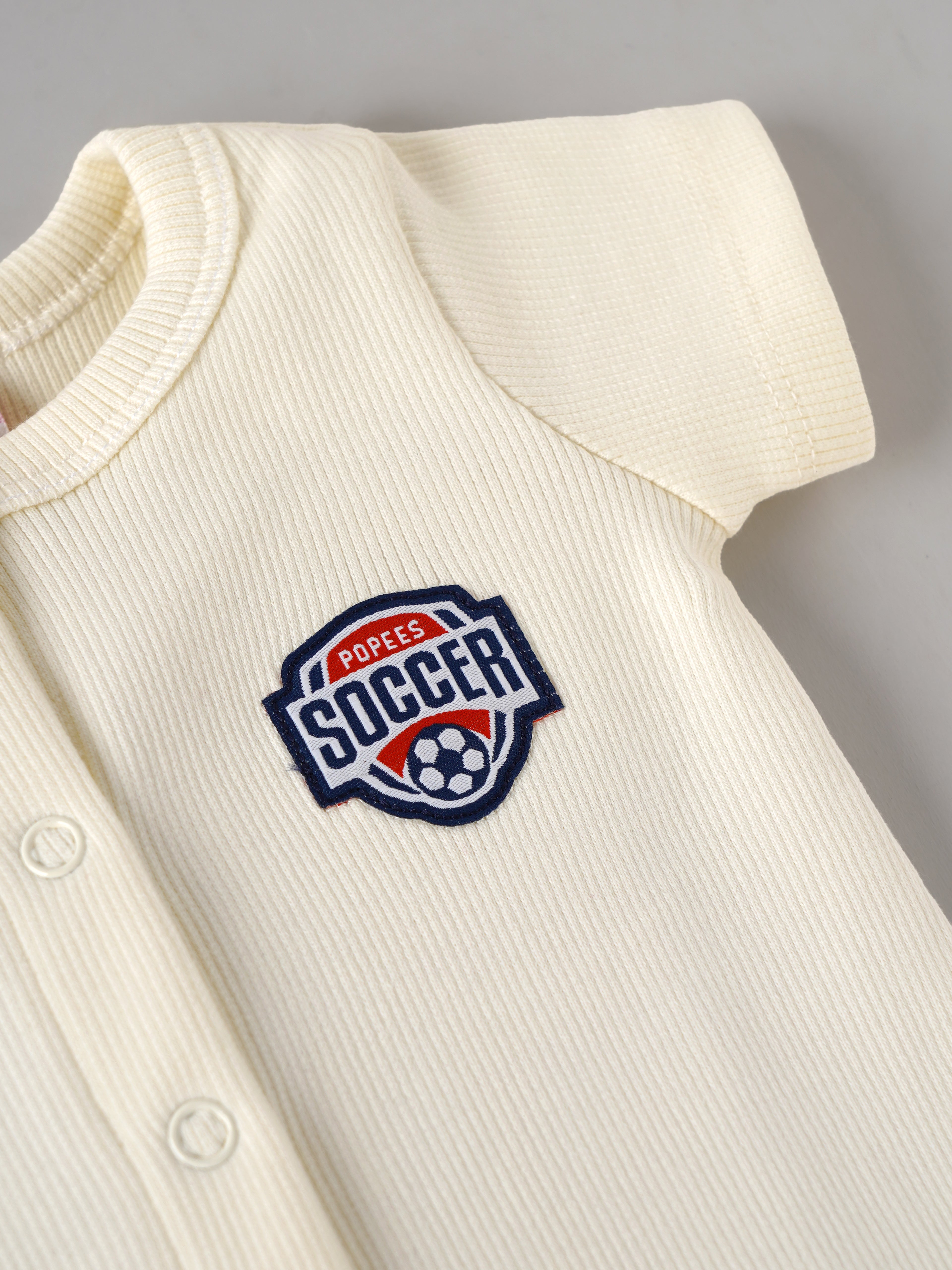 Popees Baby Girls Ribbed Cotton Half Sleeve Romper | Front Snap Button Onesie with Soccer Patch | Soft & Breathable | 0–6 Months