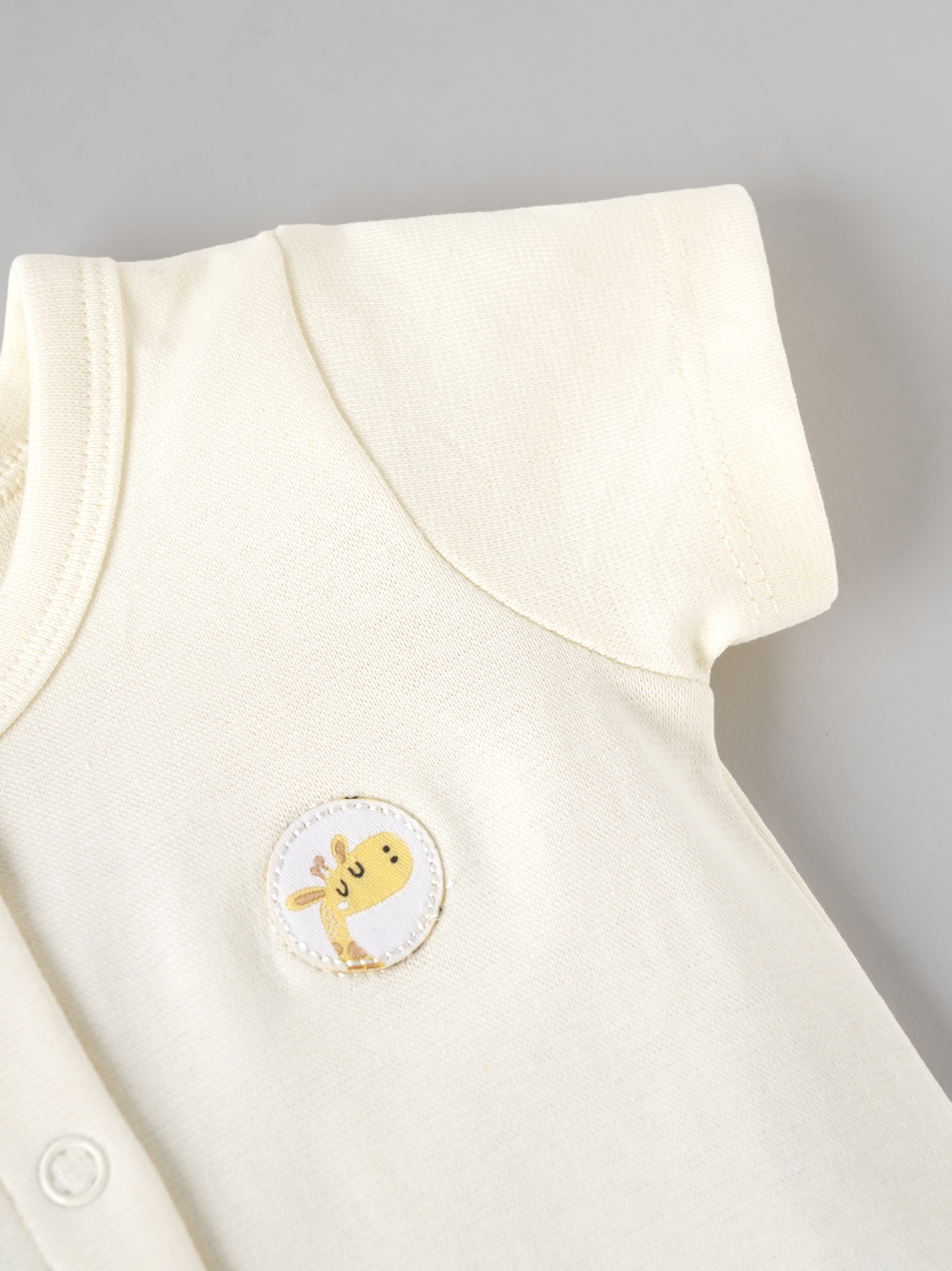 Popees Baby Girls Solid Half Sleeve Romper | Soft Cotton Front Open Snap Button Onesie with Cute Giraffe Patch | Cream | 0–6 Months