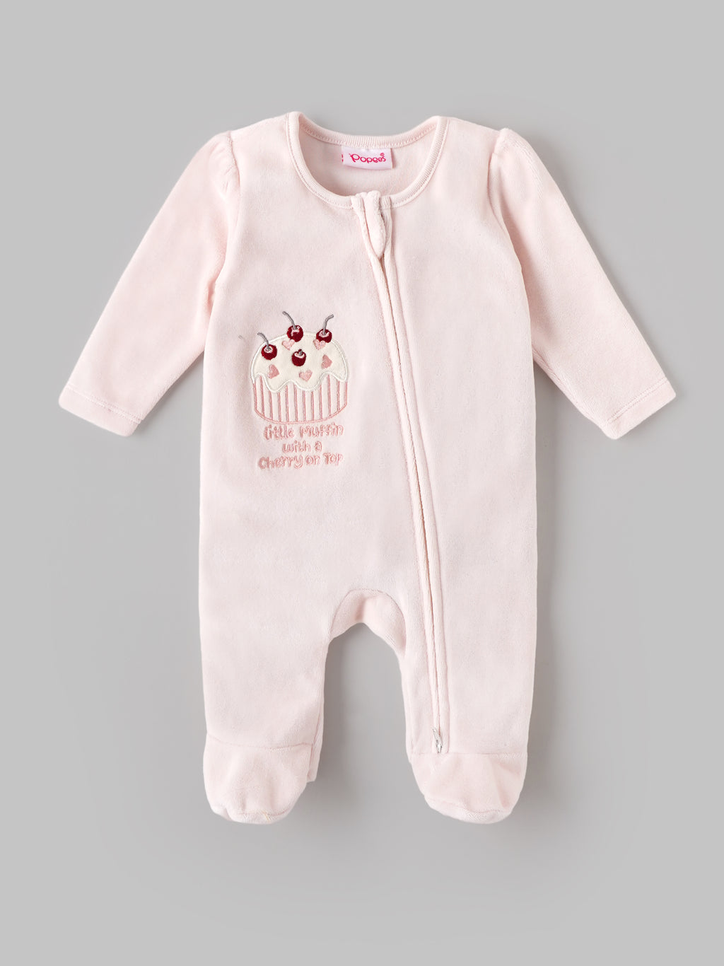 Popees Baby Girls Cherry Embroidered Velour Sleepsuit | Soft Zip-Up Footed Romper | Light Pink | 0-6 Months