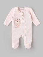 Popees Baby Girls Cherry Embroidered Velour Sleepsuit | Soft Zip-Up Footed Romper | Light Pink | 0-6 Months