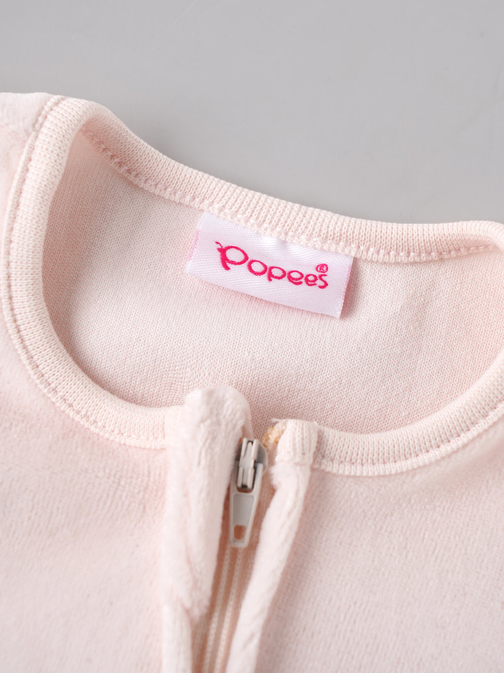 Popees Baby Girls Cherry Embroidered Velour Sleepsuit | Soft Zip-Up Footed Romper | Light Pink | 0-6 Months