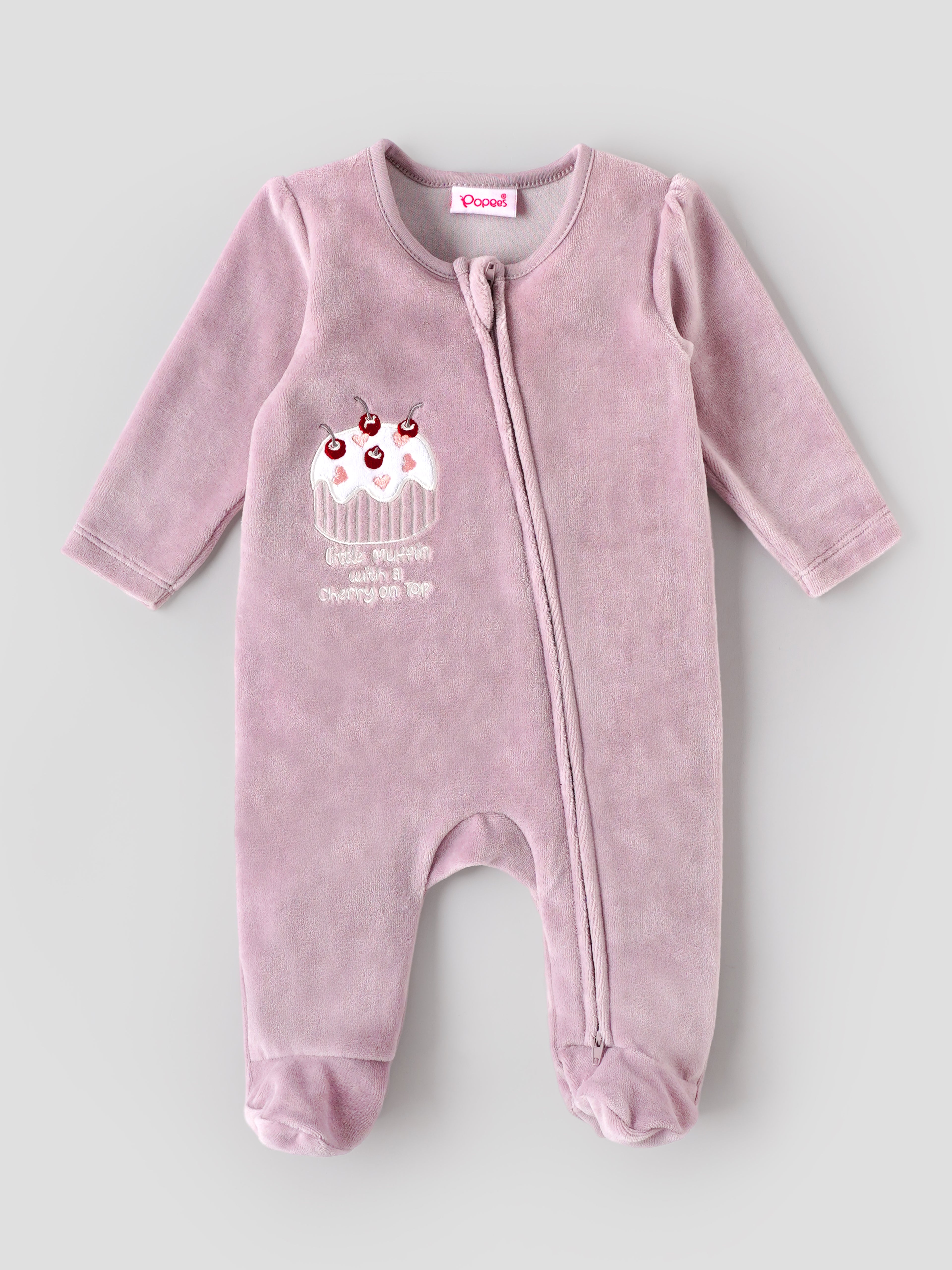 Popees Baby Girls Sleepsuit with Cherry Cupcake Embroidery | Ultra Soft Front Zip Romper |0–6 Months