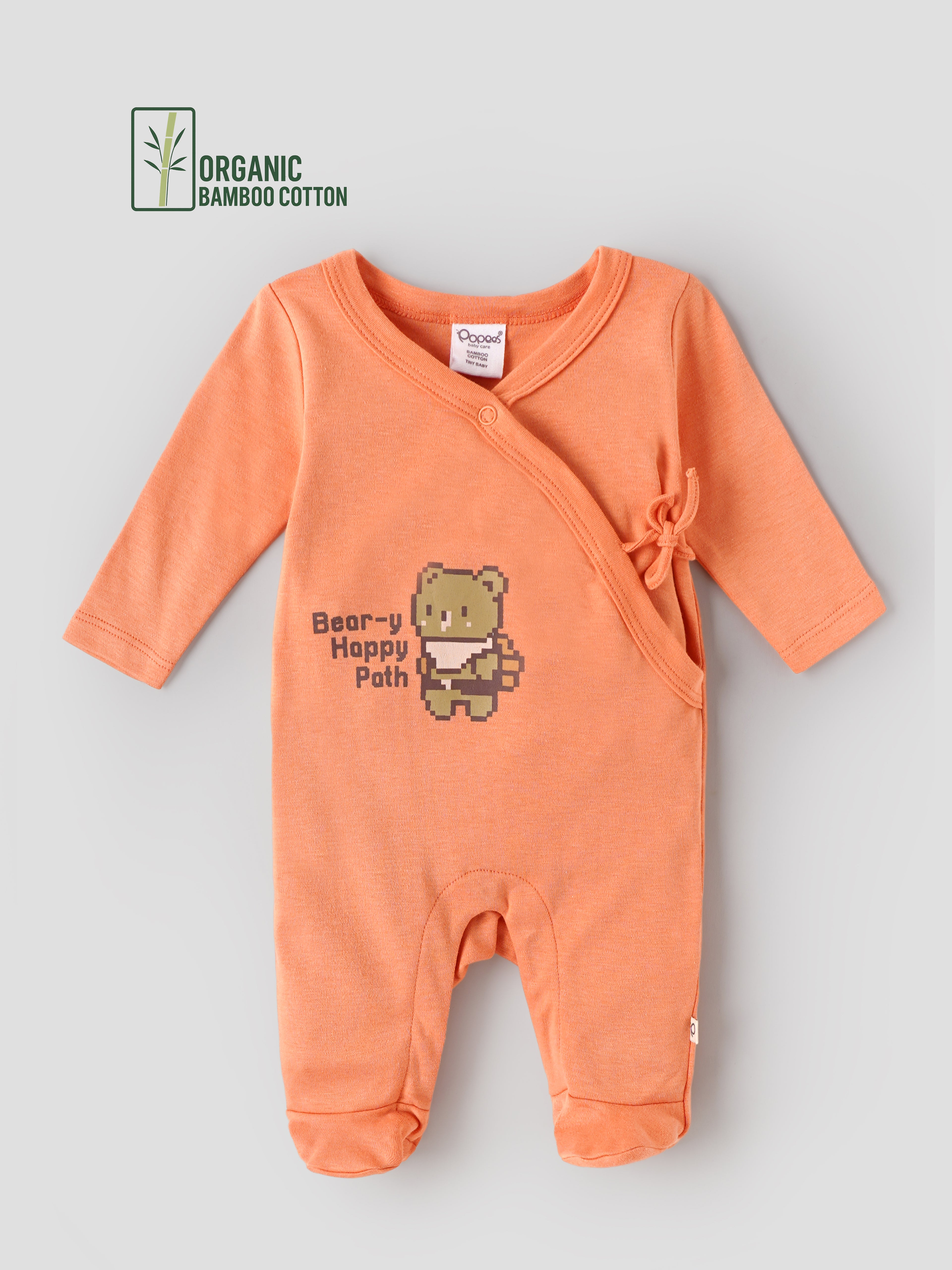 Popees Baby Girls Organic Bamboo Cotton Footed Sleepsuit | Bear Print Side Tie Romper with Full Sleeves | Peach | 0–6 Months