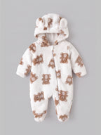 Popees Baby Girls Soft Cozy Teddy Bear Printed Hooded Sleep Suit | Warm Comfortable Winter Wear | 0–9 Months