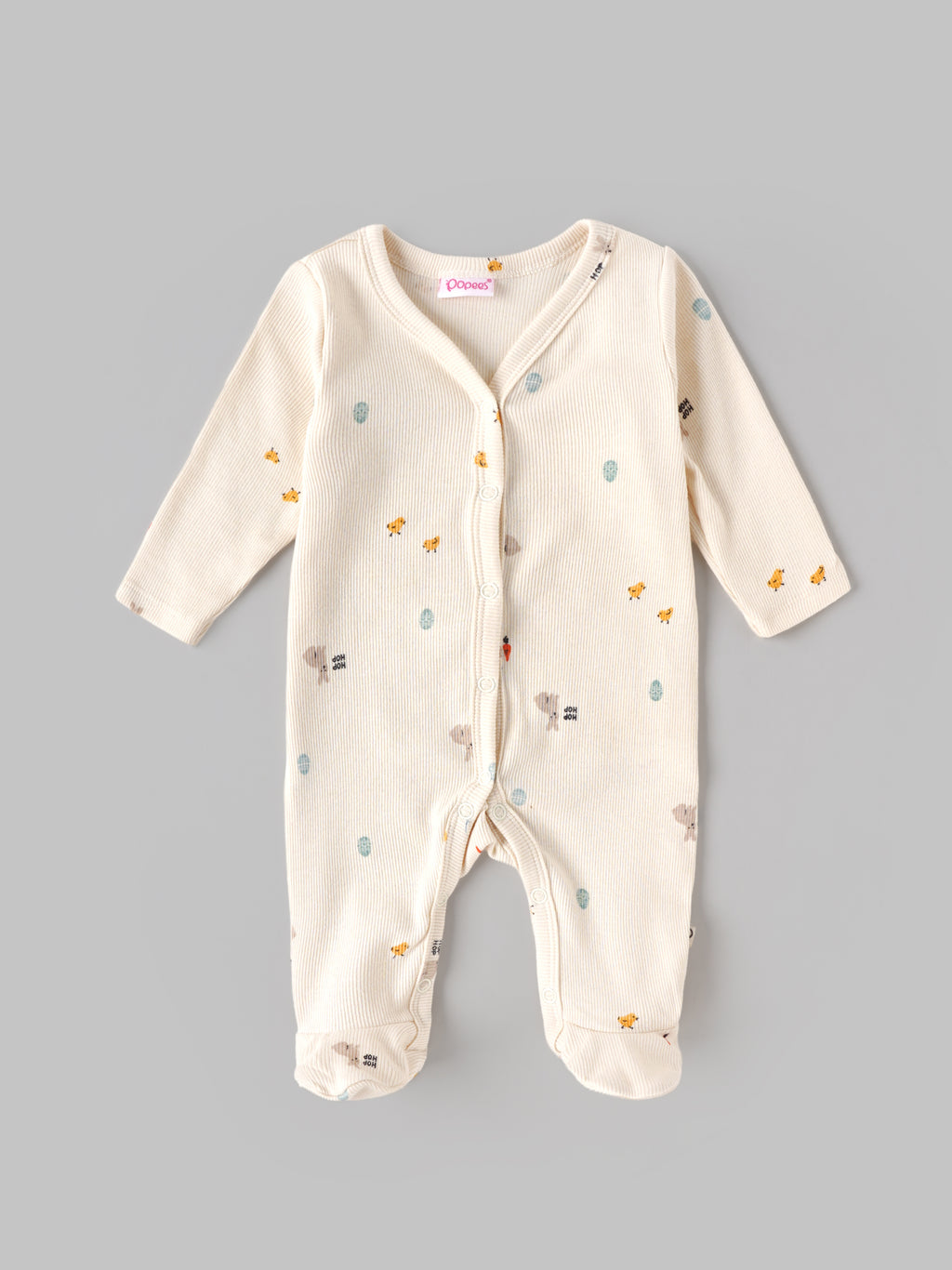 Popees Baby Full Sleeve Printed Sleepsuit  with Front Snap Button Closure | Cream Ribbed Sleepsuit with Cute Animal Print | 0–6 Months