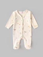 Popees Baby Full Sleeve Printed Sleepsuit  with Front Snap Button Closure | Cream Ribbed Sleepsuit with Cute Animal Print | 0–6 Months
