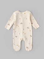Popees Baby Full Sleeve Printed Sleepsuit  with Front Snap Button Closure | Cream Ribbed Sleepsuit with Cute Animal Print | 0–6 Months
