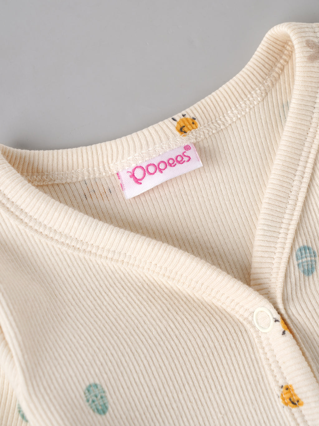 Popees Baby Full Sleeve Printed Sleepsuit  with Front Snap Button Closure | Cream Ribbed Sleepsuit with Cute Animal Print | 0–6 Months