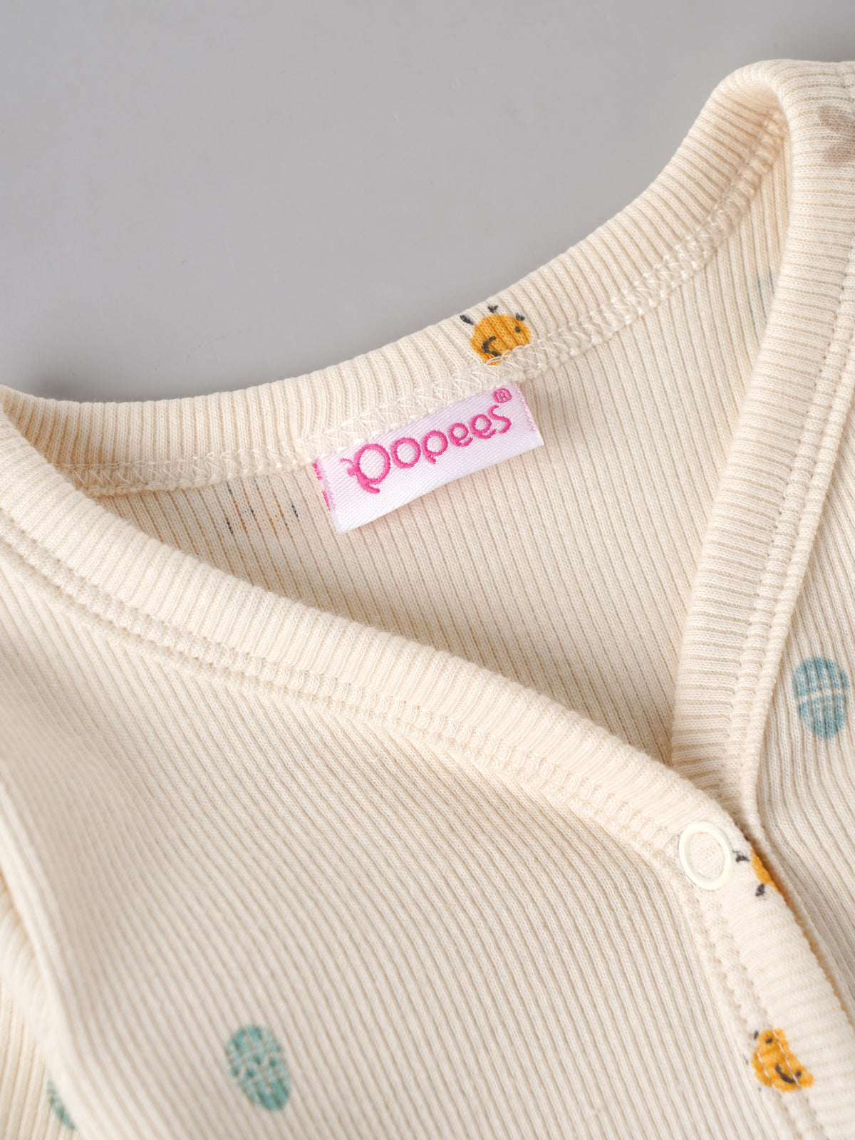 Popees Baby Full Sleeve Printed Sleepsuit  with Front Snap Button Closure | Cream Ribbed Sleepsuit with Cute Animal Print | 0–6 Months