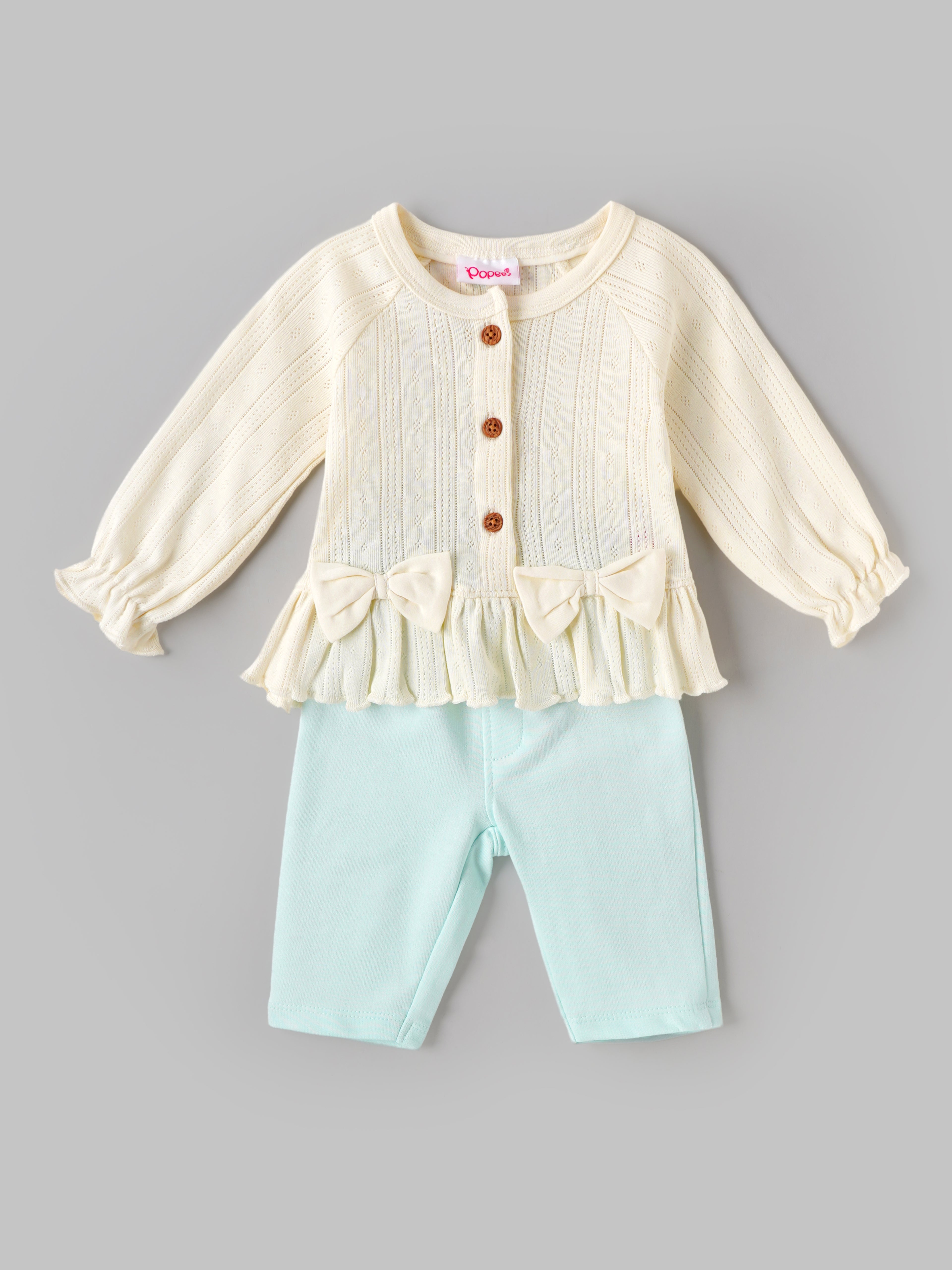 Popees Baby Girls Cotton Coordinated Set | Cream & Sky Blue | Newborn to 9 Months