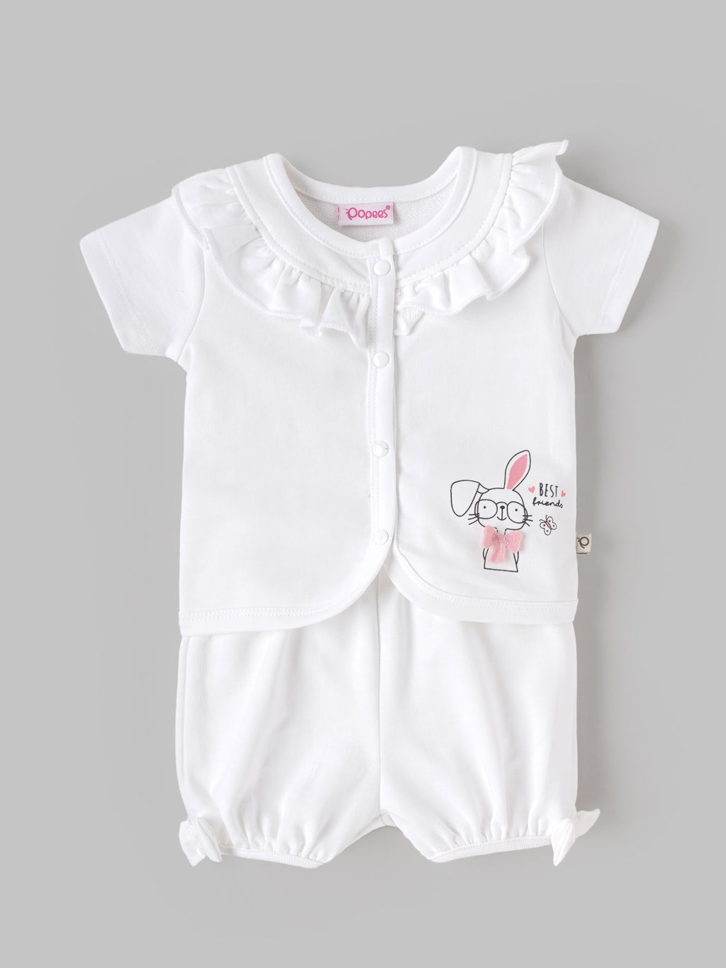 Popees Baby Girls Soft & Stylish Bunny Print Top & Bloomer Set | Frill Collar Half Sleeve Top with Matching Bloomer Shorts | White | Cute Everyday Wear |0–9 Months