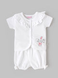Popees Baby Girls Soft & Stylish Bunny Print Top & Bloomer Set | Frill Collar Half Sleeve Top with Matching Bloomer Shorts | White | Cute Everyday Wear |0–9 Months