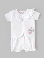 Popees Baby Girls Soft & Stylish Bunny Print Top & Bloomer Set | Frill Collar Half Sleeve Top with Matching Bloomer Shorts | White | Cute Everyday Wear |0–9 Months