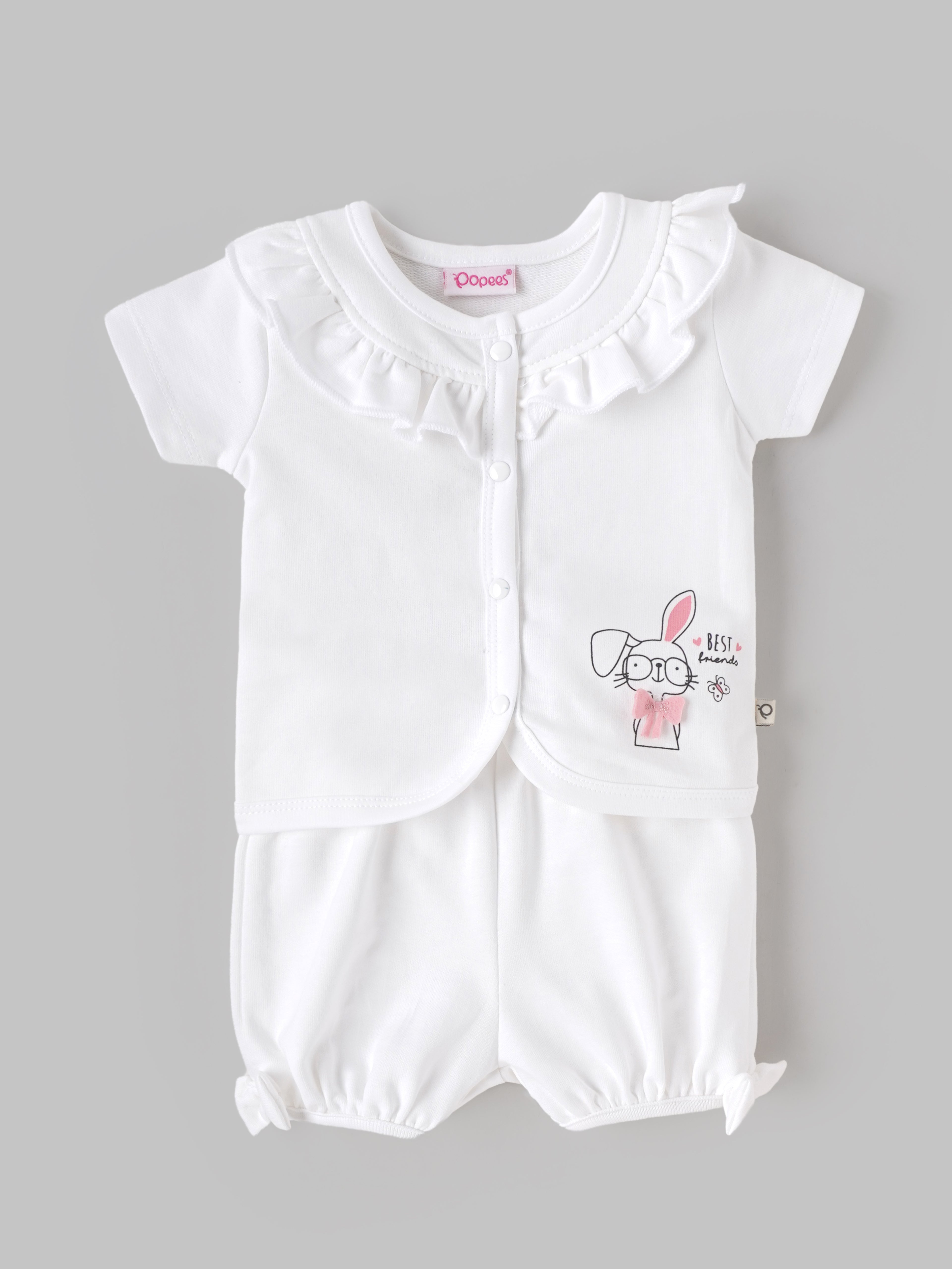 Popees Baby Girls Soft & Stylish Bunny Print Top & Bloomer Set | Frill Collar Half Sleeve Top with Matching Bloomer Shorts | White | Cute Everyday Wear |0–9 Months