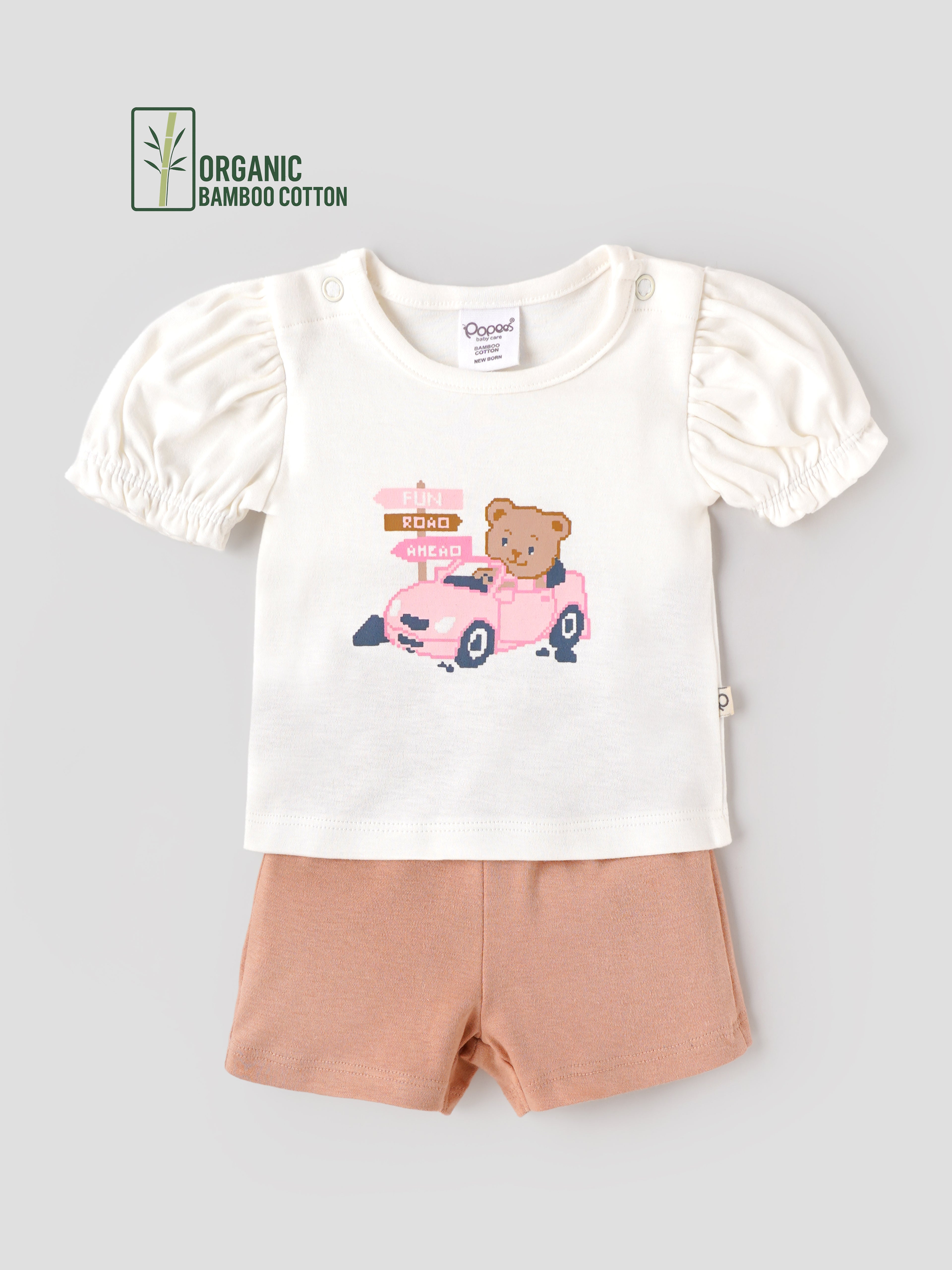 Popees Baby Girls Organic Bamboo Cotton Top & Shorts Set | Bear Print Puff Sleeve Top with Soft Shorts| 0–9 Months