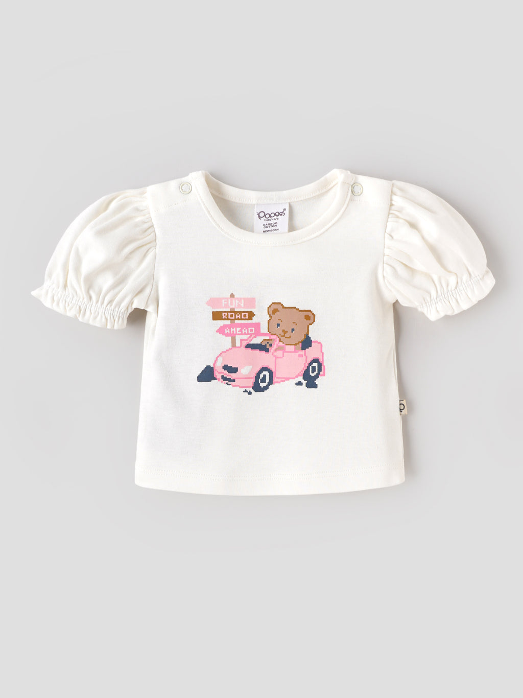 Popees Baby Girls Organic Bamboo Cotton Top & Shorts Set | Bear Print Puff Sleeve Top with Soft Shorts| 0–9 Months