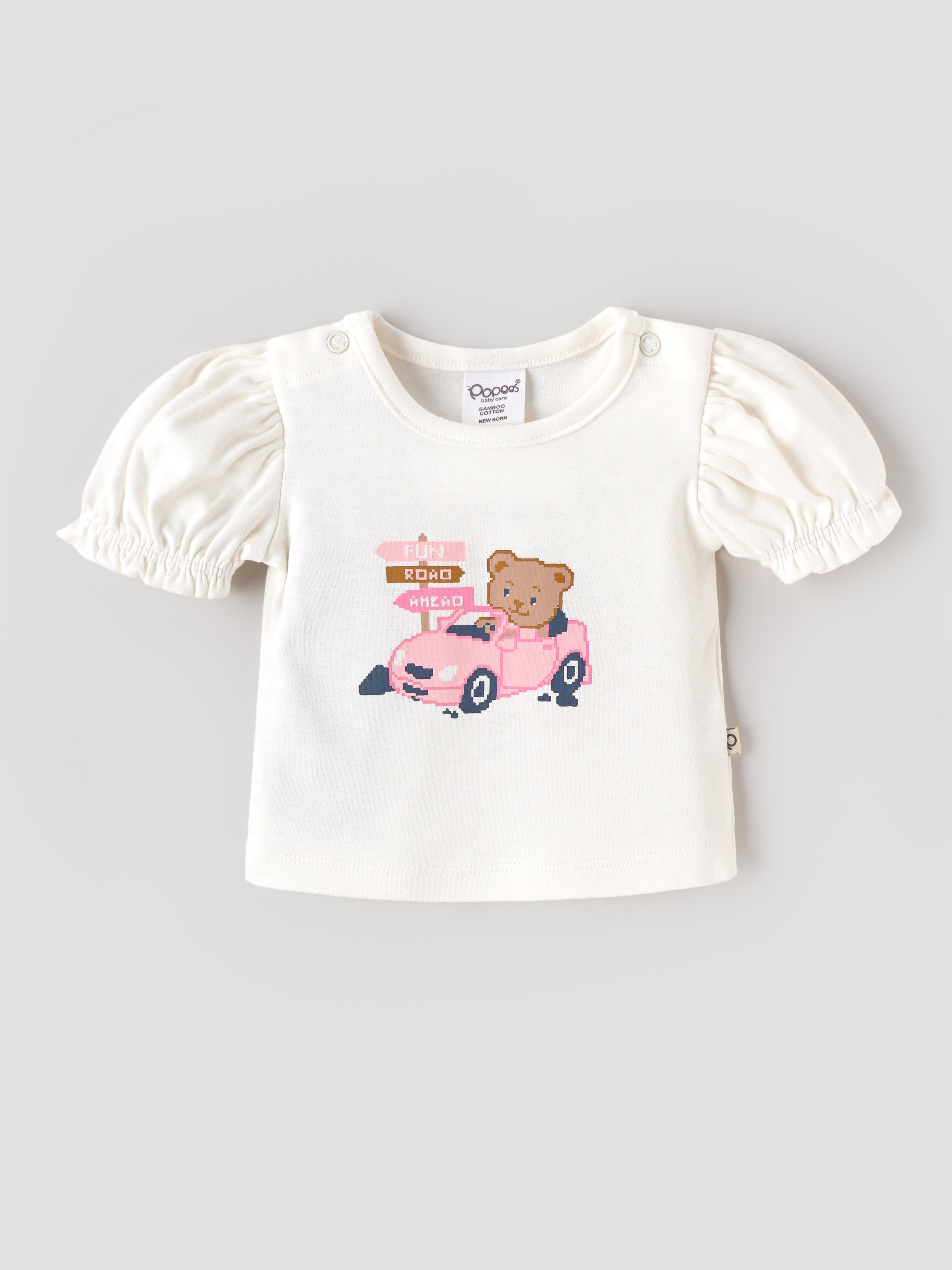 Popees Baby Girls Organic Bamboo Cotton Top & Shorts Set | Bear Print Puff Sleeve Top with Soft Shorts| 0–9 Months