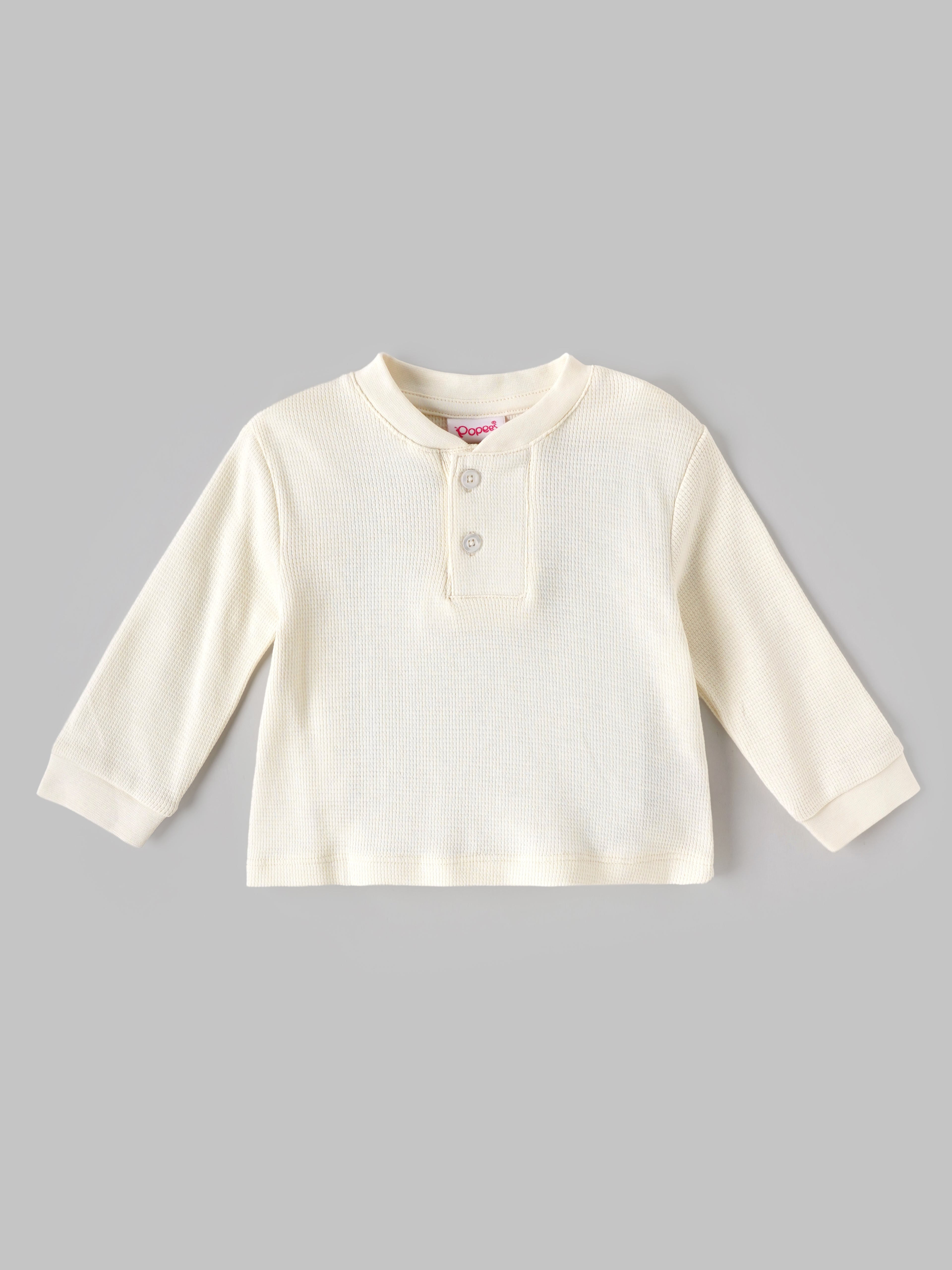 Popees Babycare Waffle Knit Full Sleeve Baby Top | Soft Cotton Thermal Top | Round Neck with Button Placket | Cream | 0–9 Months