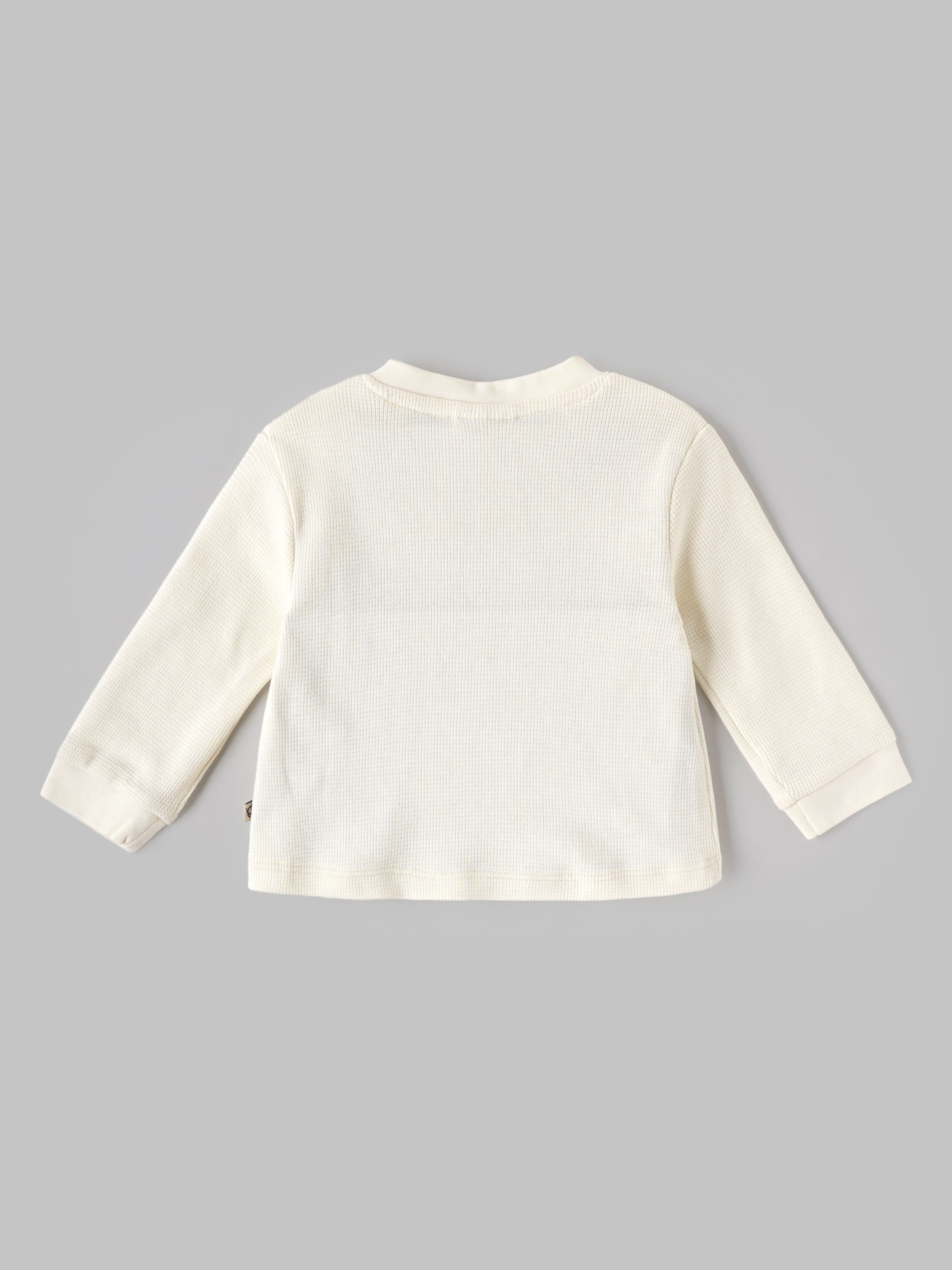 Popees Babycare Waffle Knit Full Sleeve Baby Top | Soft Cotton Thermal Top | Round Neck with Button Placket | Cream | 0–9 Months