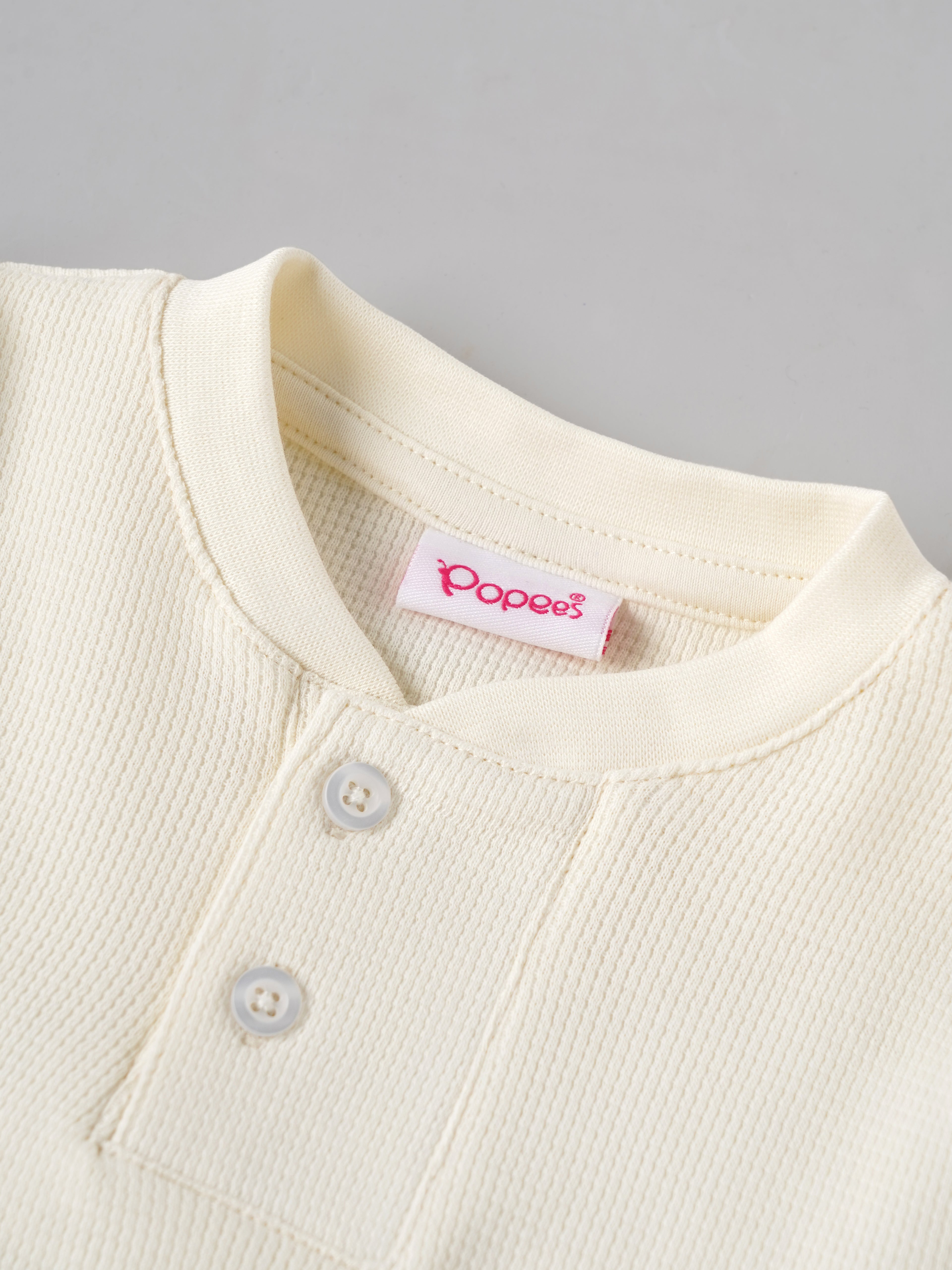 Popees Babycare Waffle Knit Full Sleeve Baby Top | Soft Cotton Thermal Top | Round Neck with Button Placket | Cream | 0–9 Months