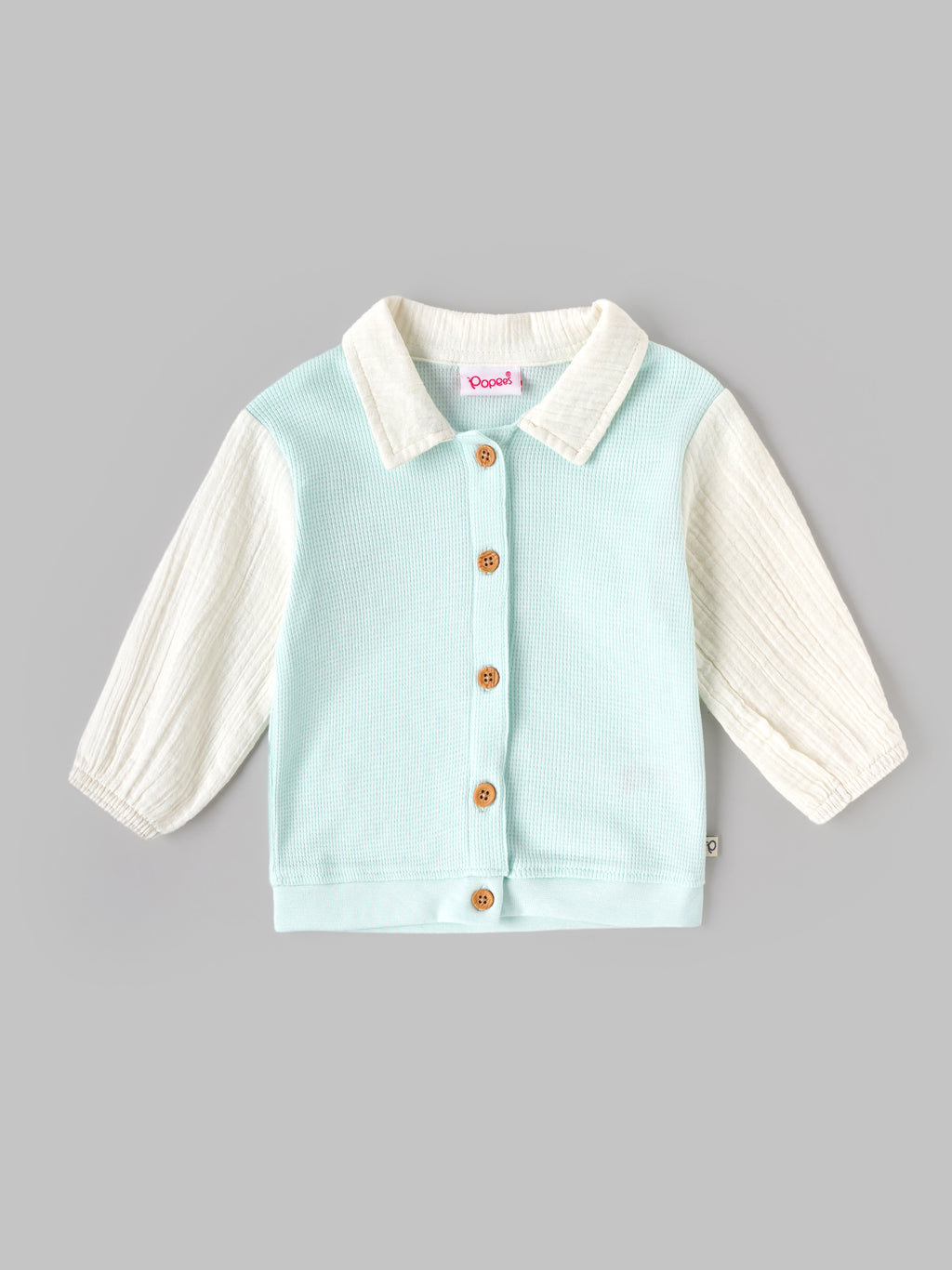 Popees Baby Girls Soft & Stylish Textured Full Sleeve Collared Top | Button Front Casual Shirt | Mint Green & Cream|0 to 9 Months
