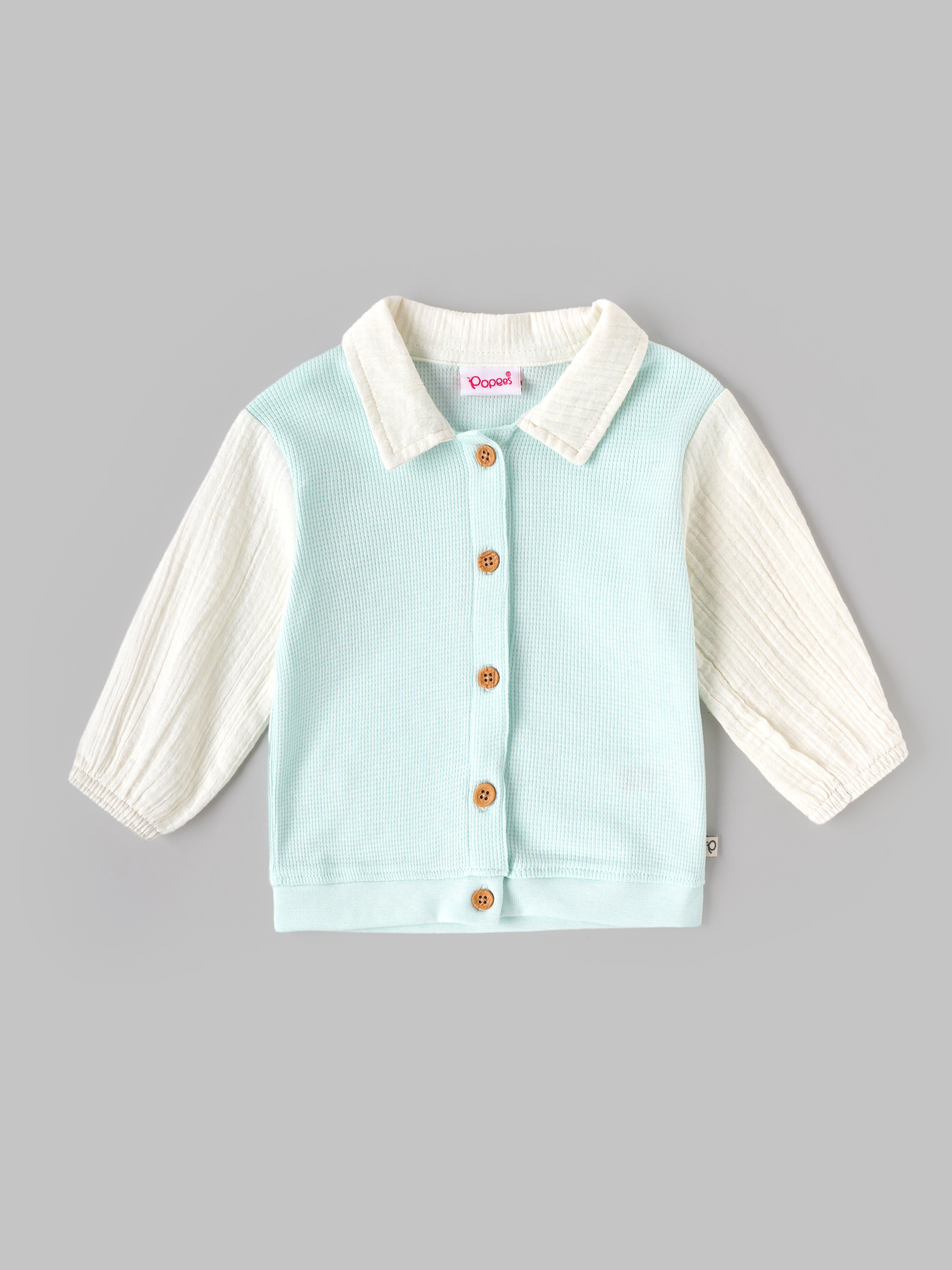 Popees Baby Girls Soft & Stylish Textured Full Sleeve Collared Top | Button Front Casual Shirt | Mint Green & Cream|0 to 9 Months