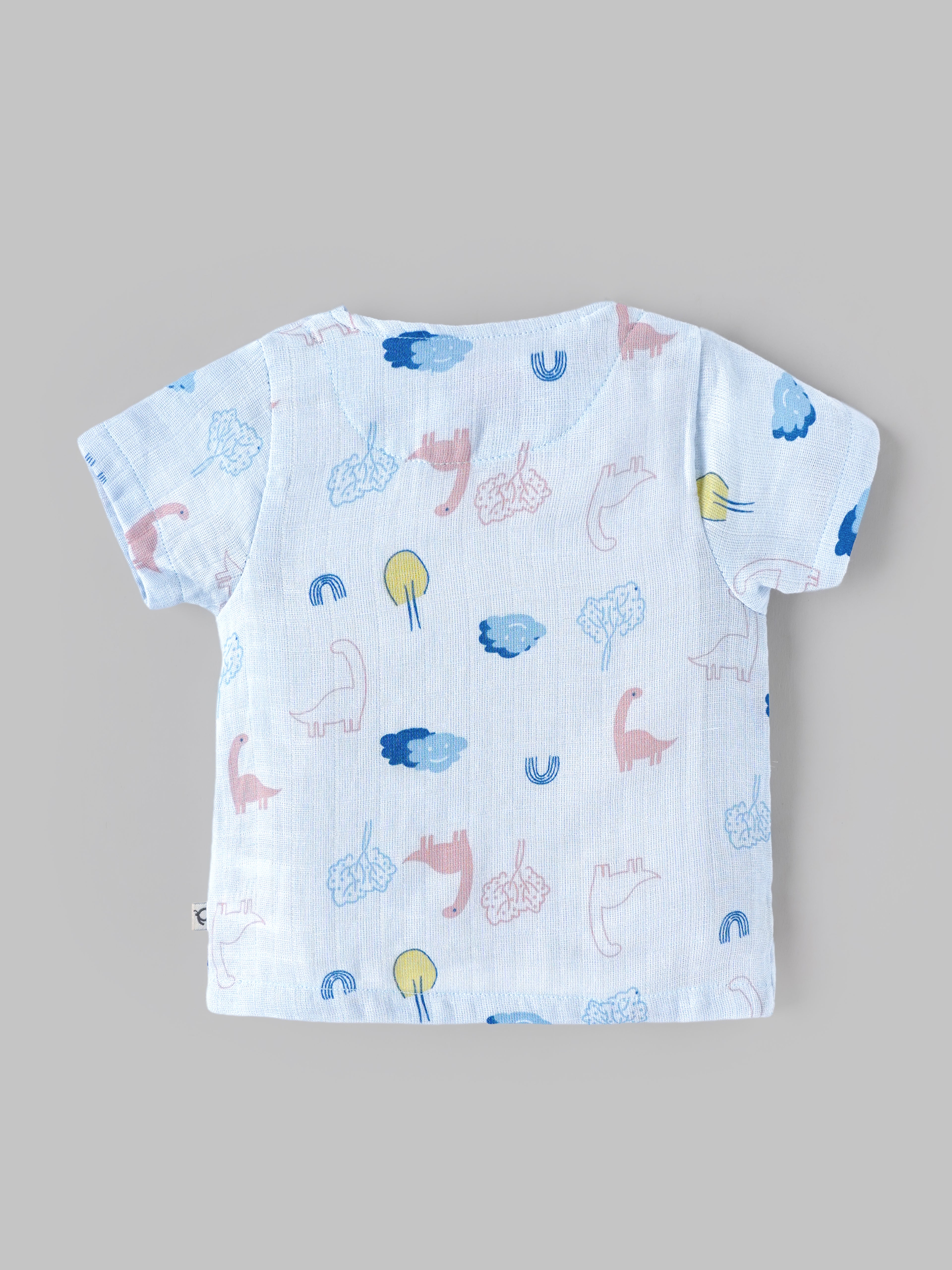 Popees Baby Unisex Printed Short Sleeve Front Open Shirt | Soft & Comfortable Dinosaur Print Casual Shirt | Light Blue |0-6 Months