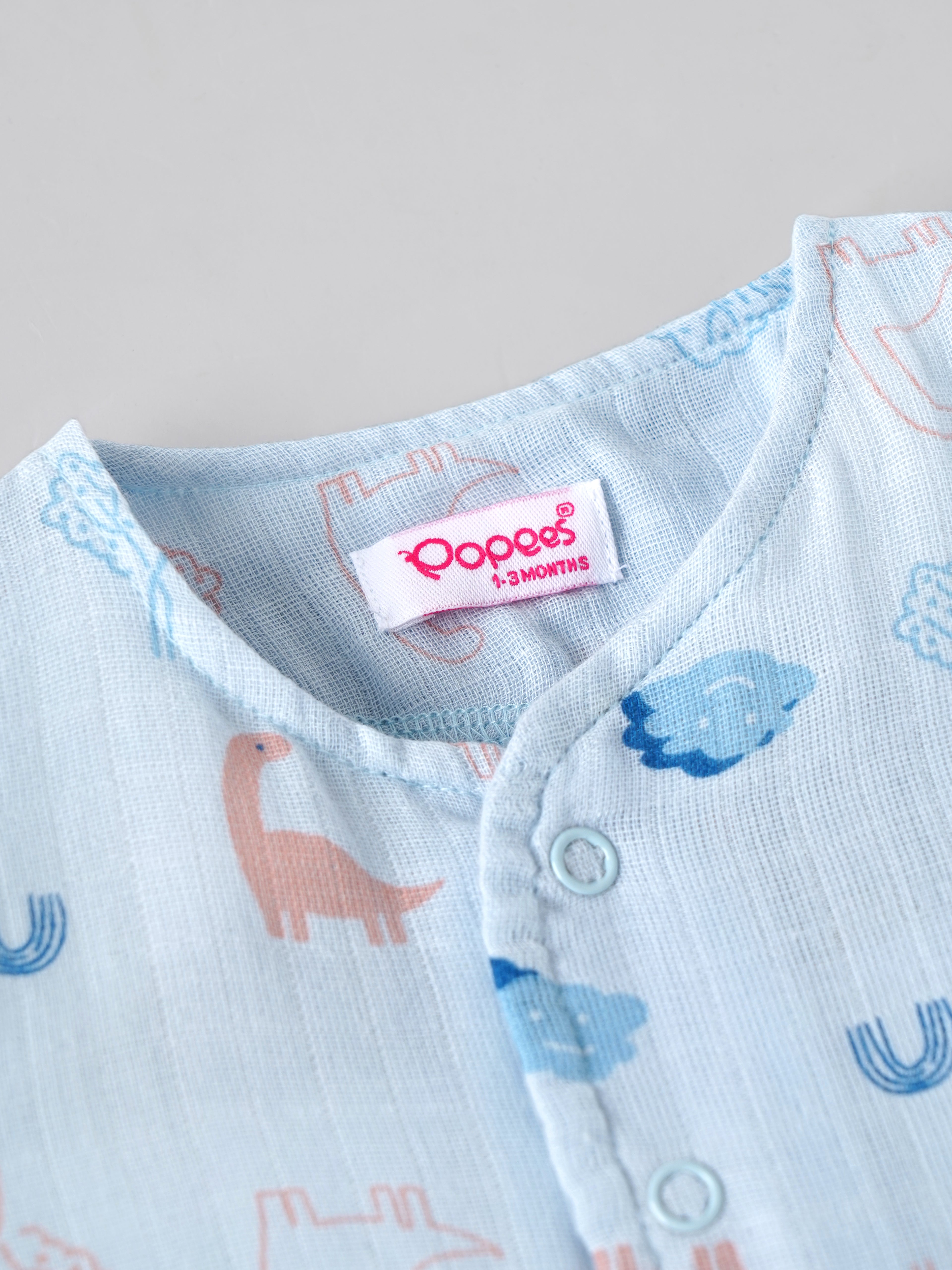 Popees Baby Unisex Printed Short Sleeve Front Open Shirt | Soft & Comfortable Dinosaur Print Casual Shirt | Light Blue |0-6 Months