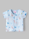 Popees Baby Unisex Printed Short Sleeve Front Open Shirt | Soft & Comfortable Dinosaur Print Casual Shirt | Light Blue |0-6 Months