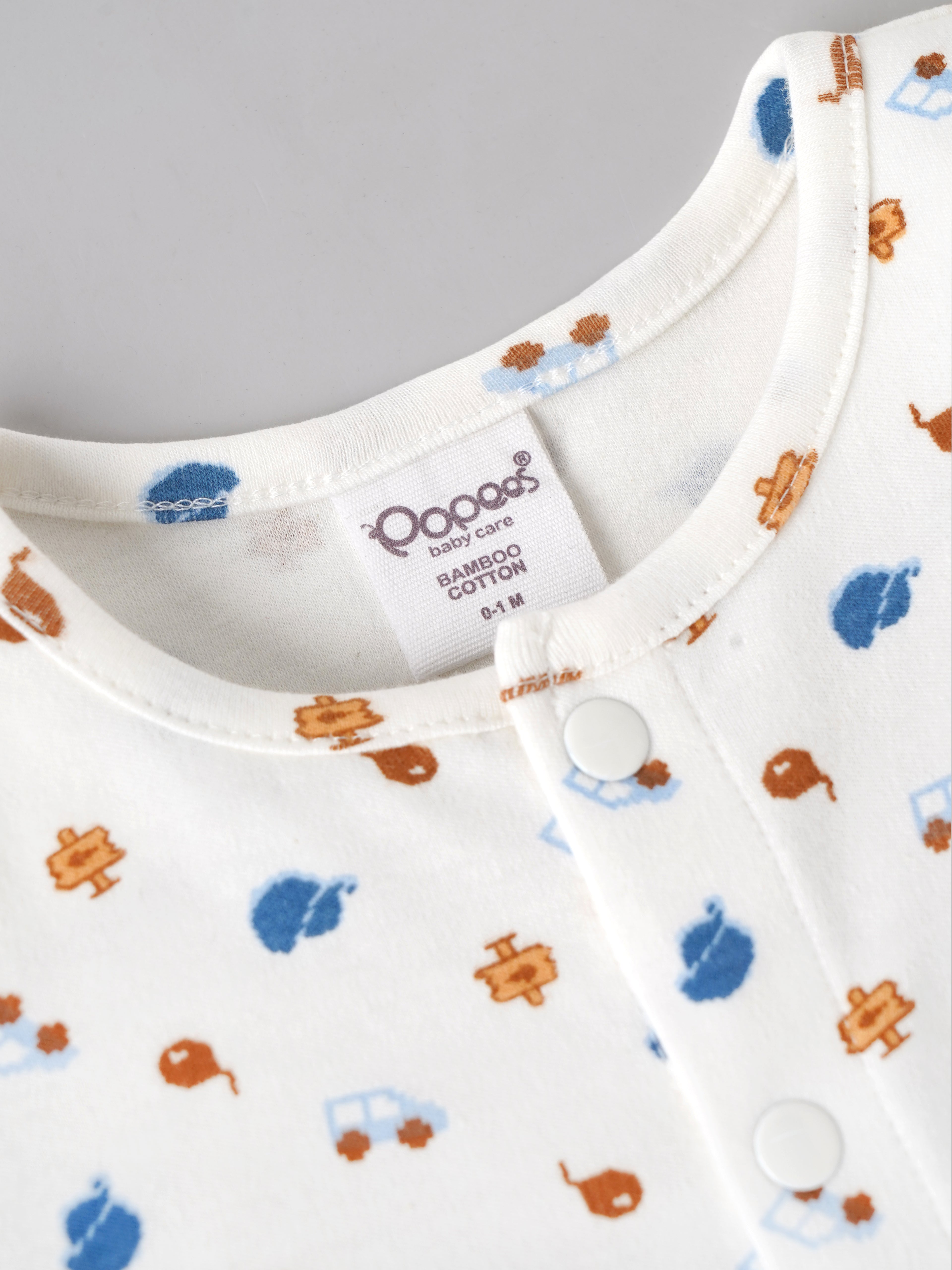 Popees Baby Organic Bamboo Cotton Printed Unisex Romper | White | Tiny Baby to 6 Months