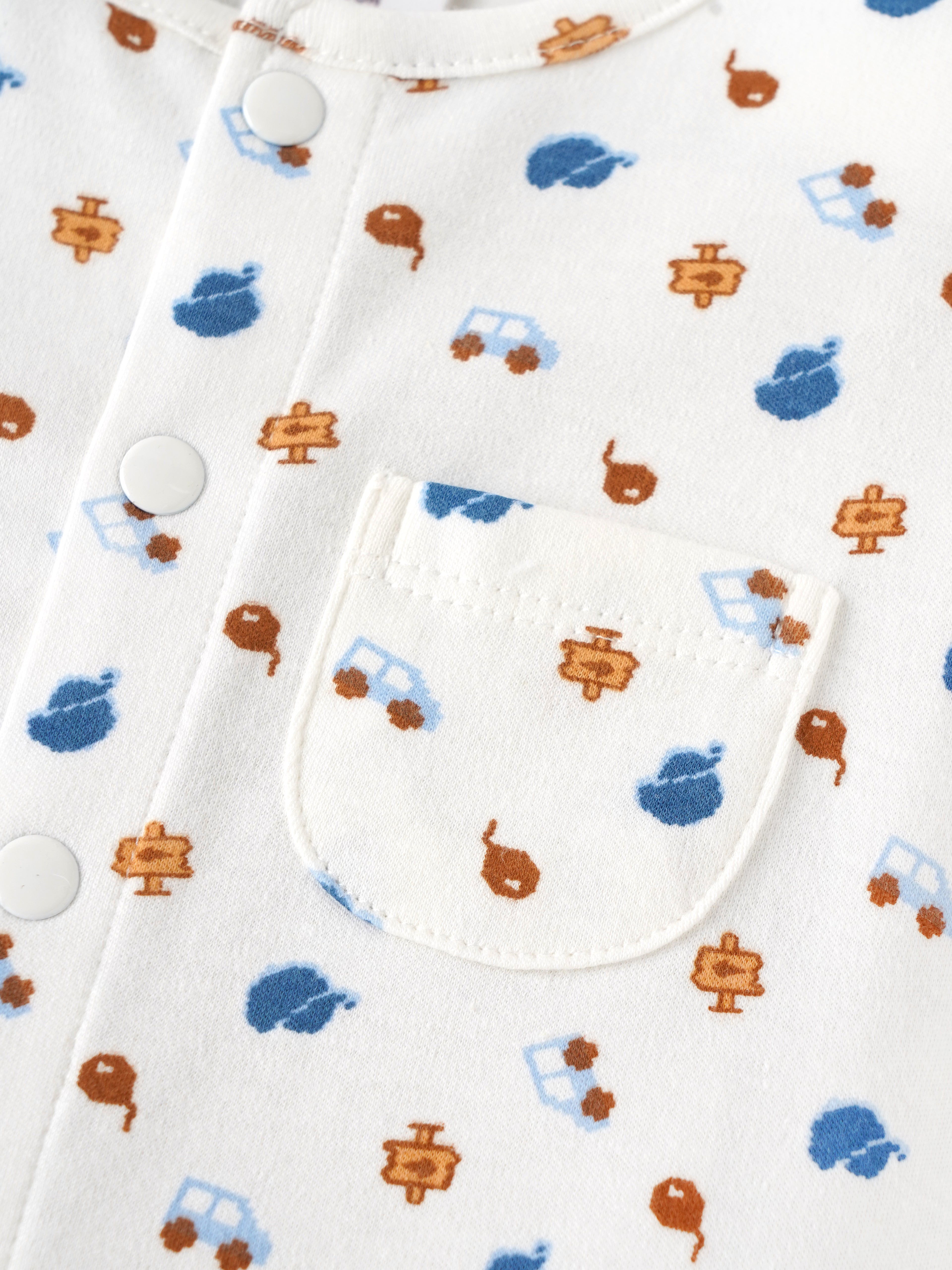 Popees Baby Organic Bamboo Cotton Printed Unisex Romper | White | Tiny Baby to 6 Months