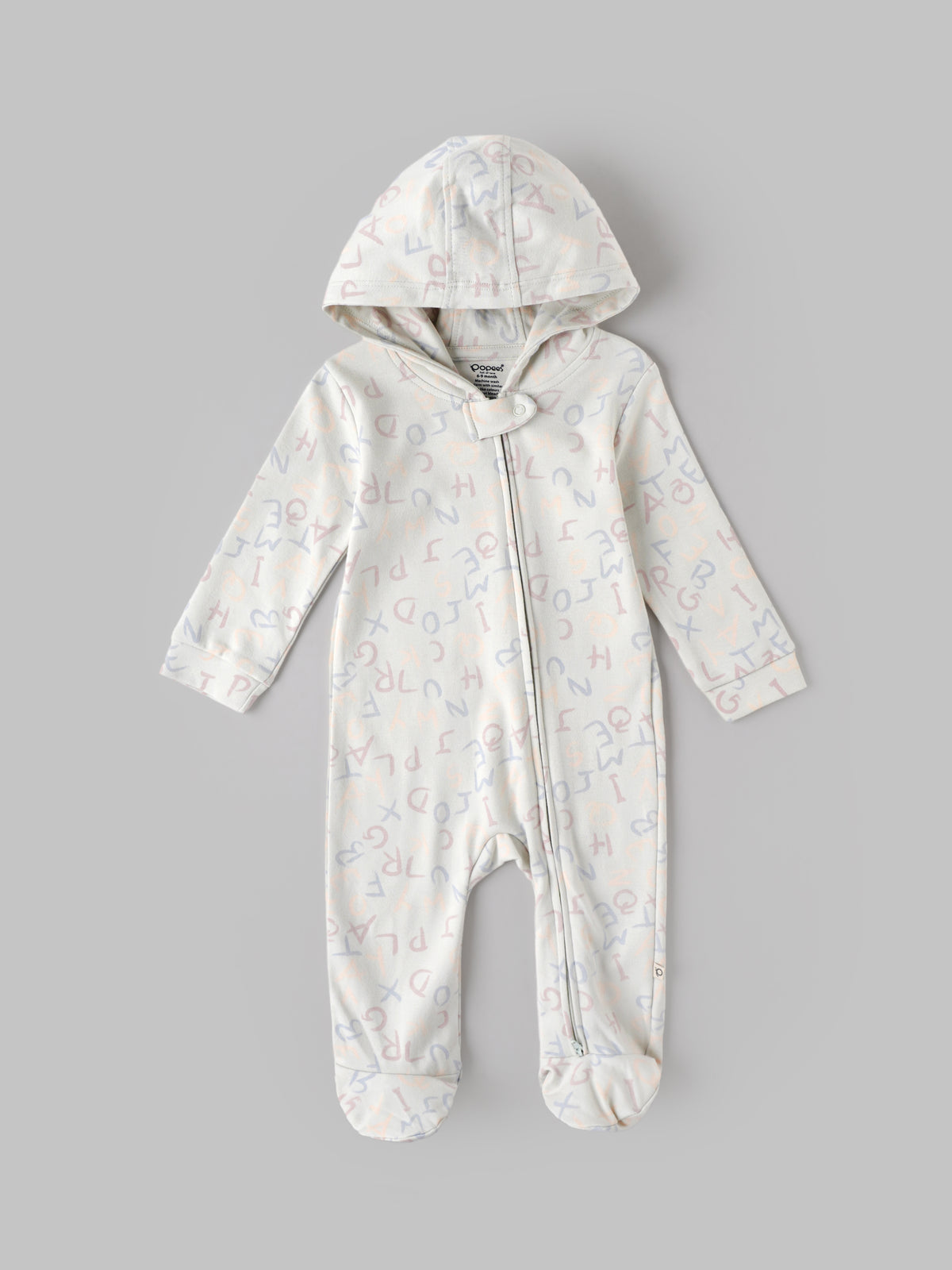 Popees Baby Unisex Alphabet Printed Hooded Full Sleeve Sleepsuit | Soft Baby Romper with Front Zip Closure |0–9 Months