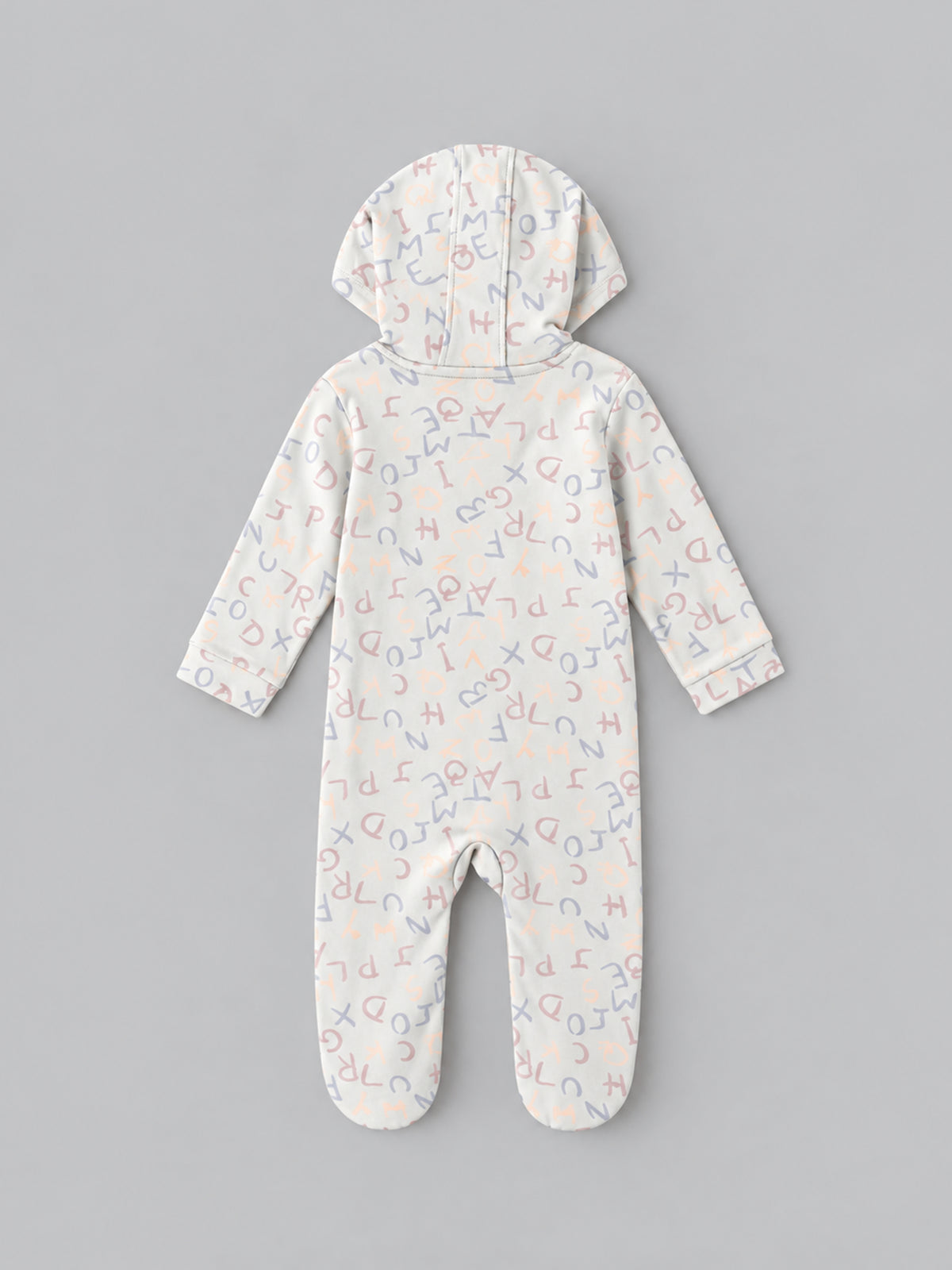 Popees Baby Unisex Alphabet Printed Hooded Full Sleeve Sleepsuit | Soft Baby Romper with Front Zip Closure |0–9 Months