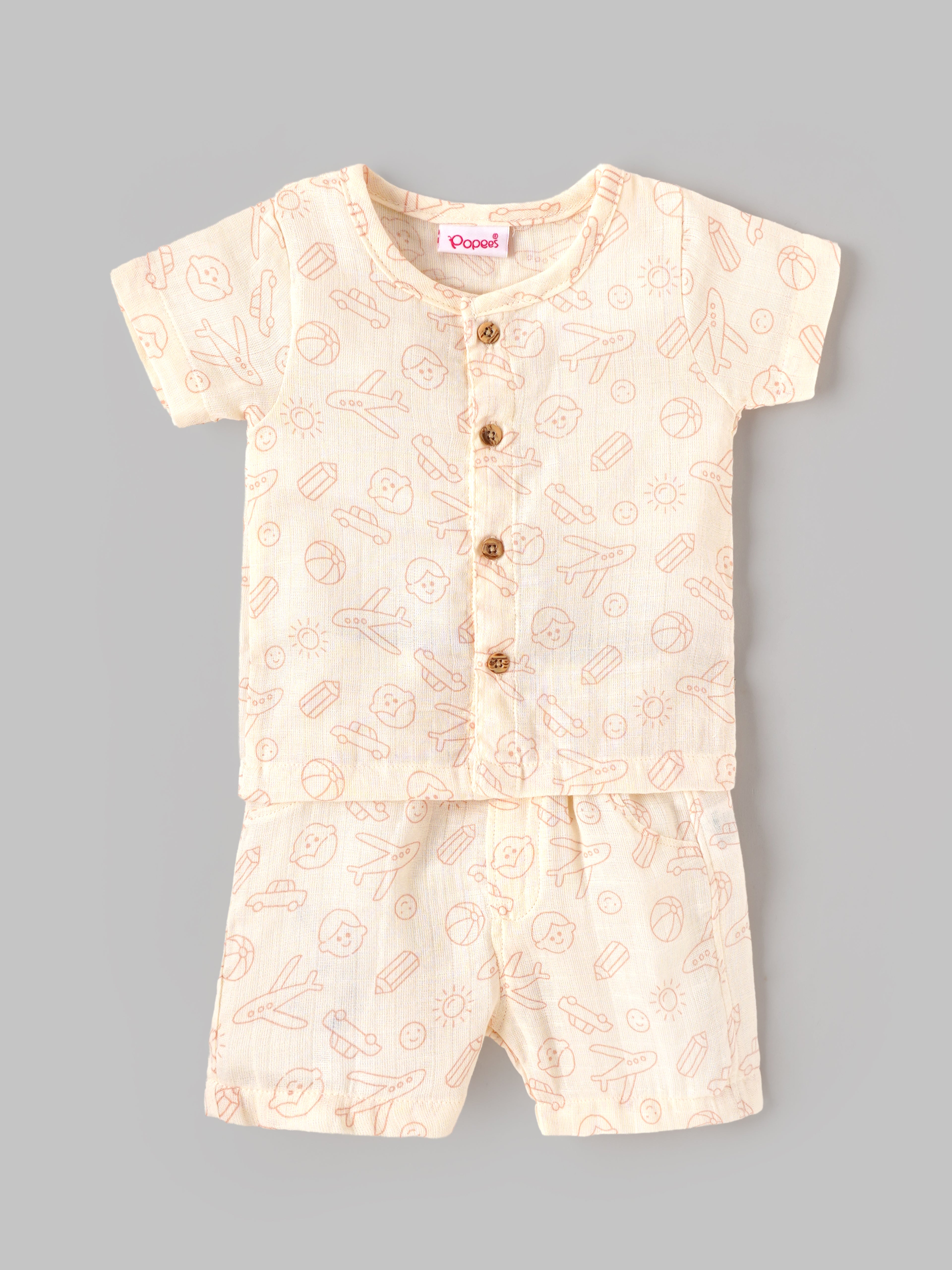 Popees Baby Unisex Printed Half Sleeve Co-Ord Set | Soft Cotton Button-Front T-Shirt & Shorts Set | Comfortable Everyday Wear | 0–9 Months