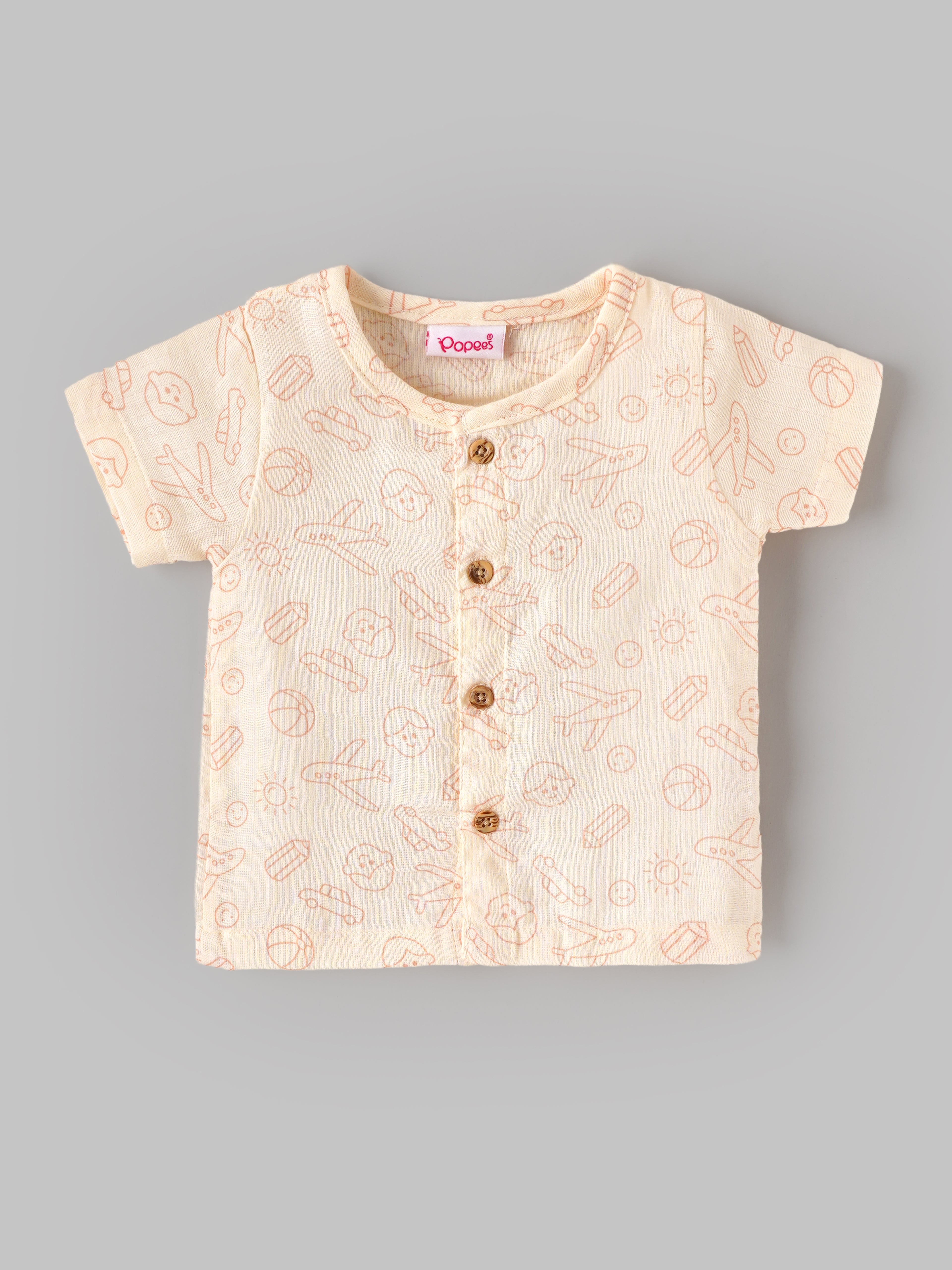 Popees Baby Unisex Printed Half Sleeve Co-Ord Set | Soft Cotton Button-Front T-Shirt & Shorts Set | Comfortable Everyday Wear | 0–9 Months