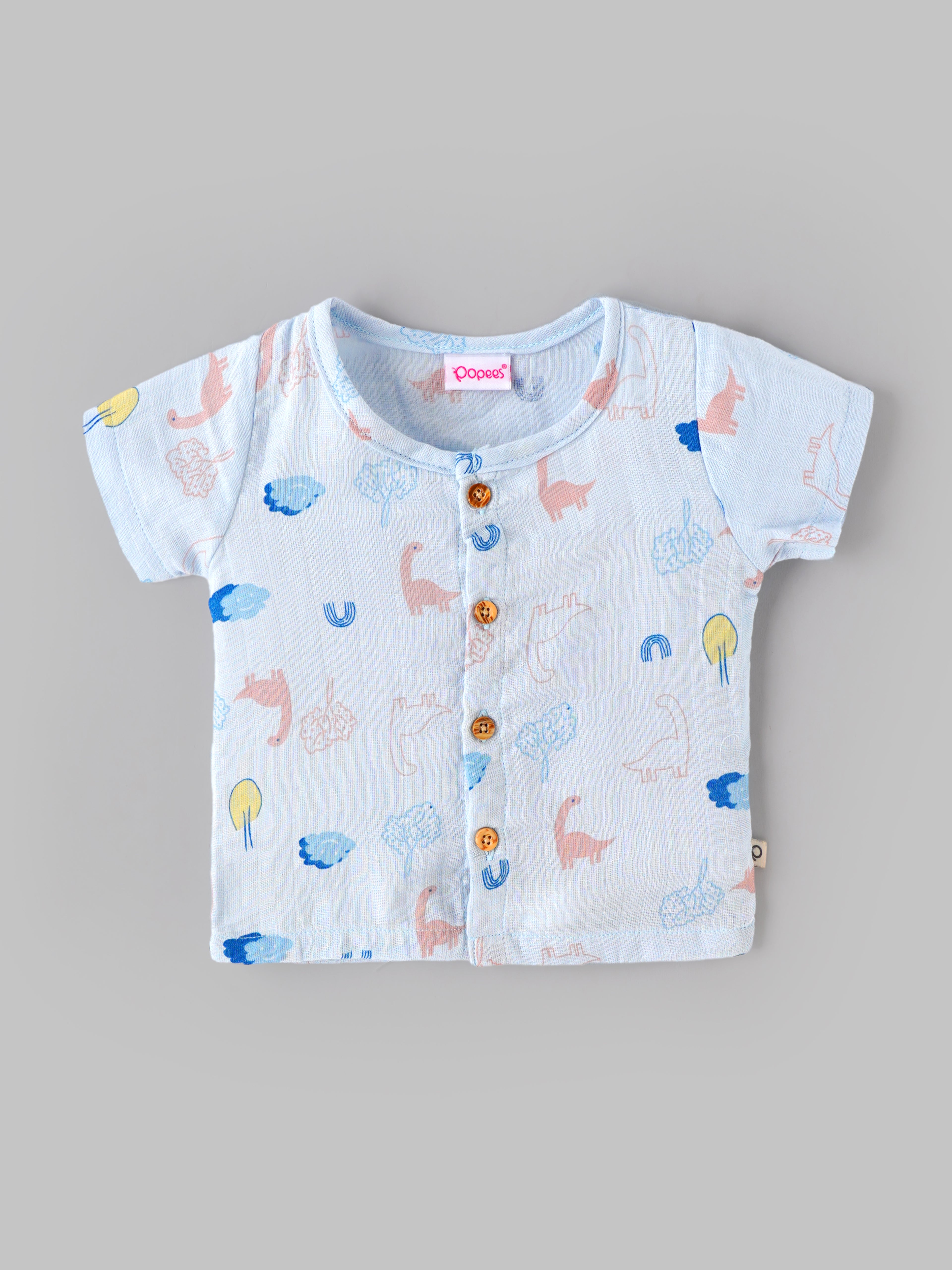 Popees Baby Unisex Dinosaur Print Top & Shorts Set | Soft Cotton Half Sleeve Co-ord Outfit |0–9 Months