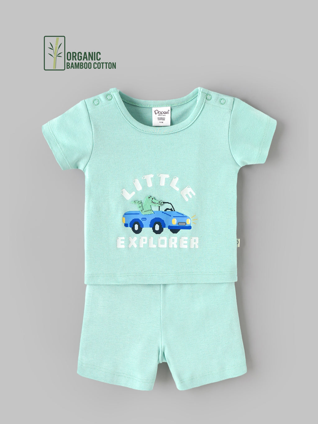 Popees Baby Unisex Organic Bamboo Cotton T-Shirt & Shorts Set | Little Explorer Car Print Co-Ord Set | 0–9 Months