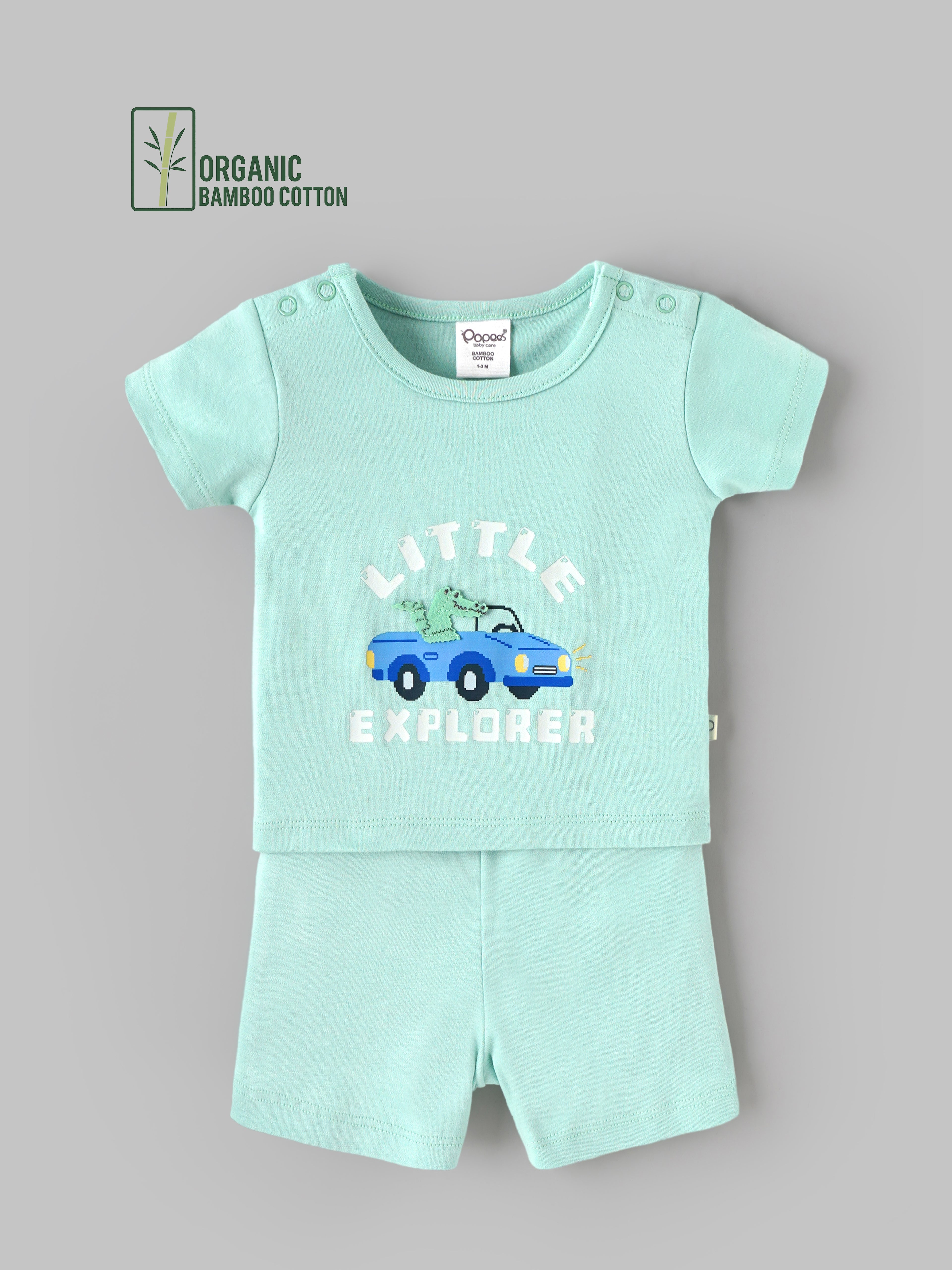 Popees Baby Unisex Organic Bamboo Cotton T-Shirt & Shorts Set | Little Explorer Car Print Co-Ord Set | 0–9 Months