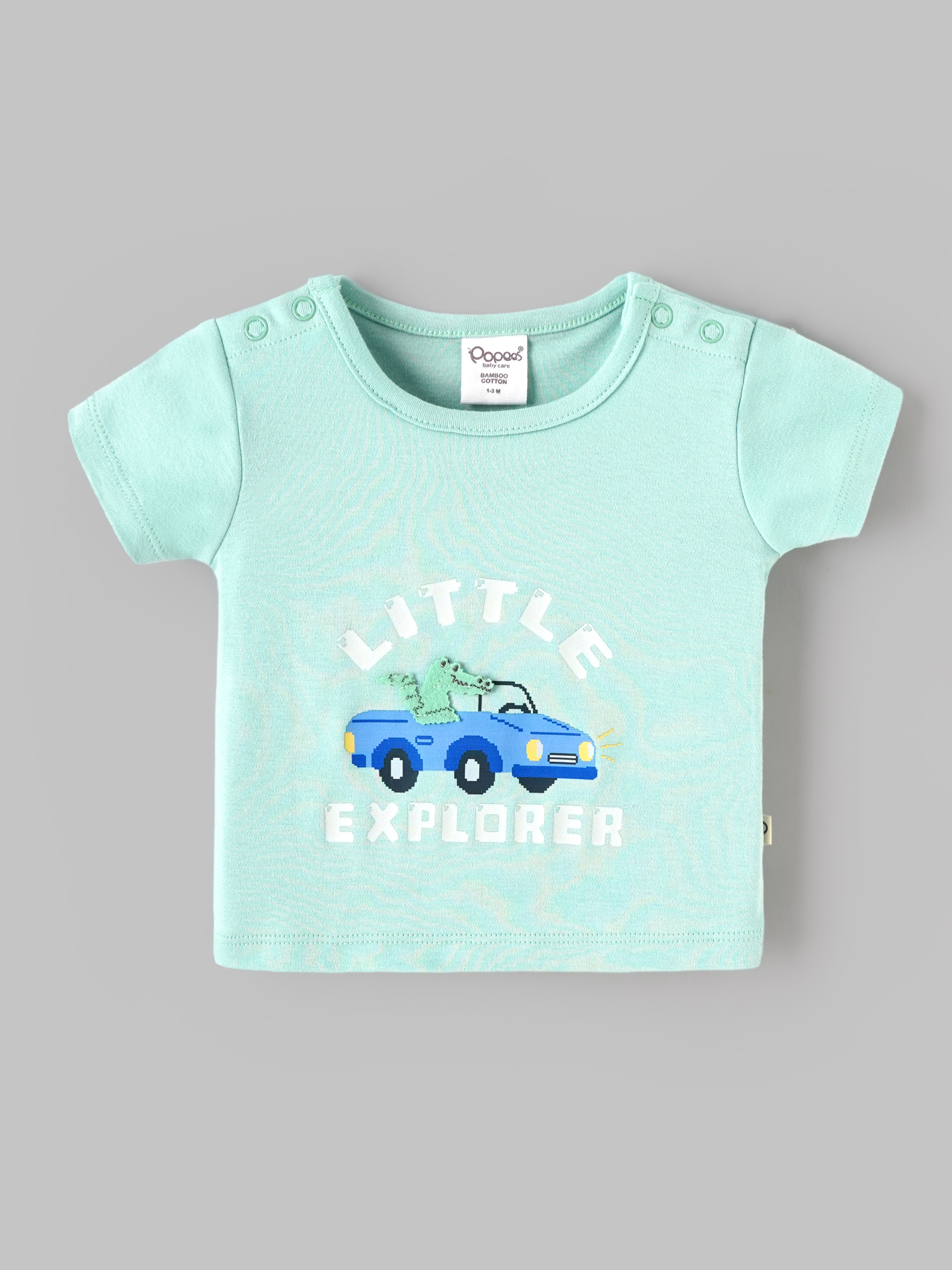 Popees Baby Unisex Organic Bamboo Cotton T-Shirt & Shorts Set | Little Explorer Car Print Co-Ord Set | 0–9 Months