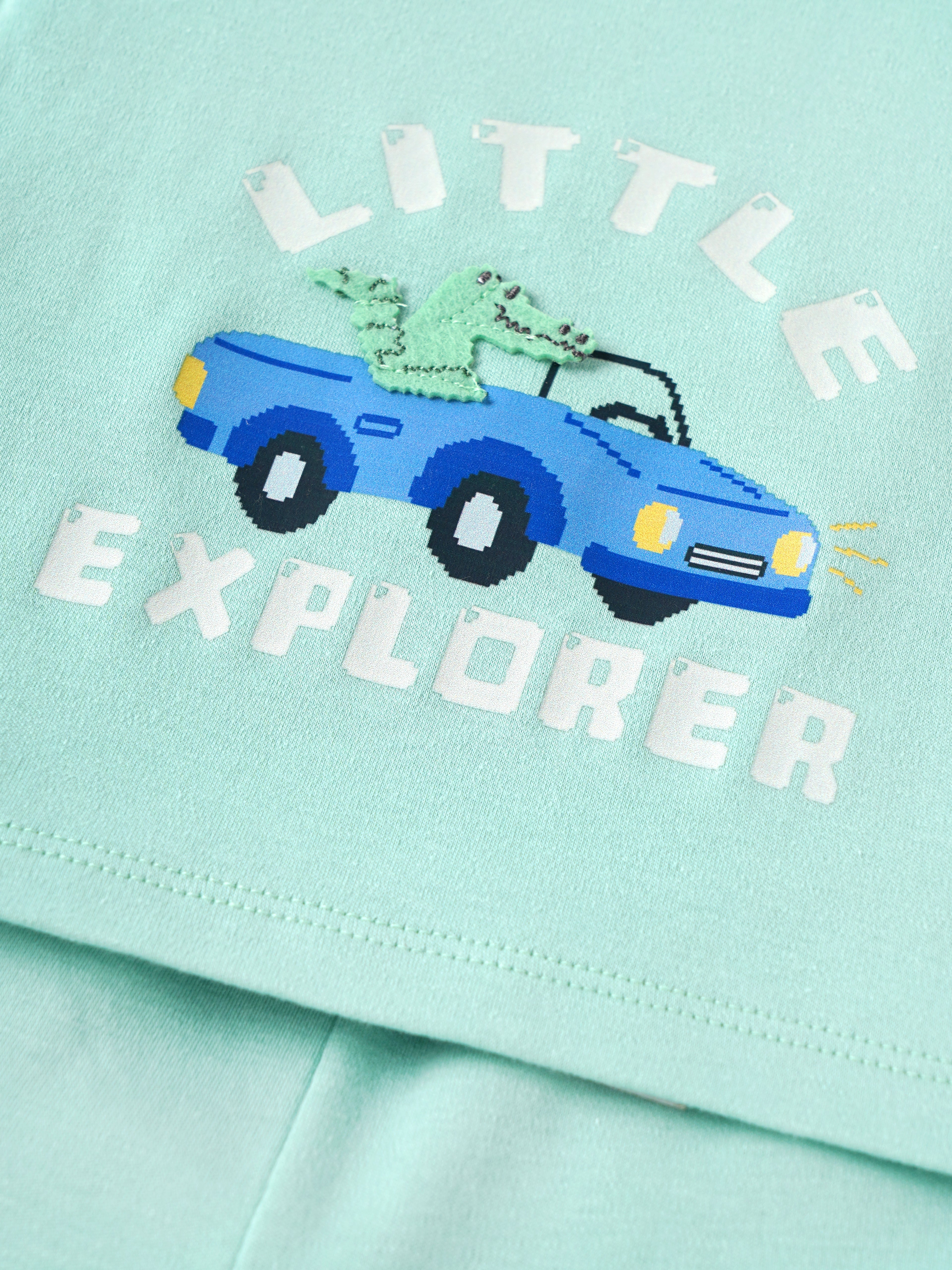 Popees Baby Unisex Organic Bamboo Cotton T-Shirt & Shorts Set | Little Explorer Car Print Co-Ord Set | 0–9 Months