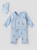 Popees Unisex Giraffe Print 3-Piece Clothing Set | Soft Muslin Cotton Wrap Top, Pants & Bonnet | Blue | NB-9 Months