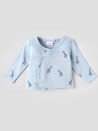 Popees Unisex Giraffe Print 3-Piece Clothing Set | Soft Muslin Cotton Wrap Top, Pants & Bonnet | Blue | NB-9 Months