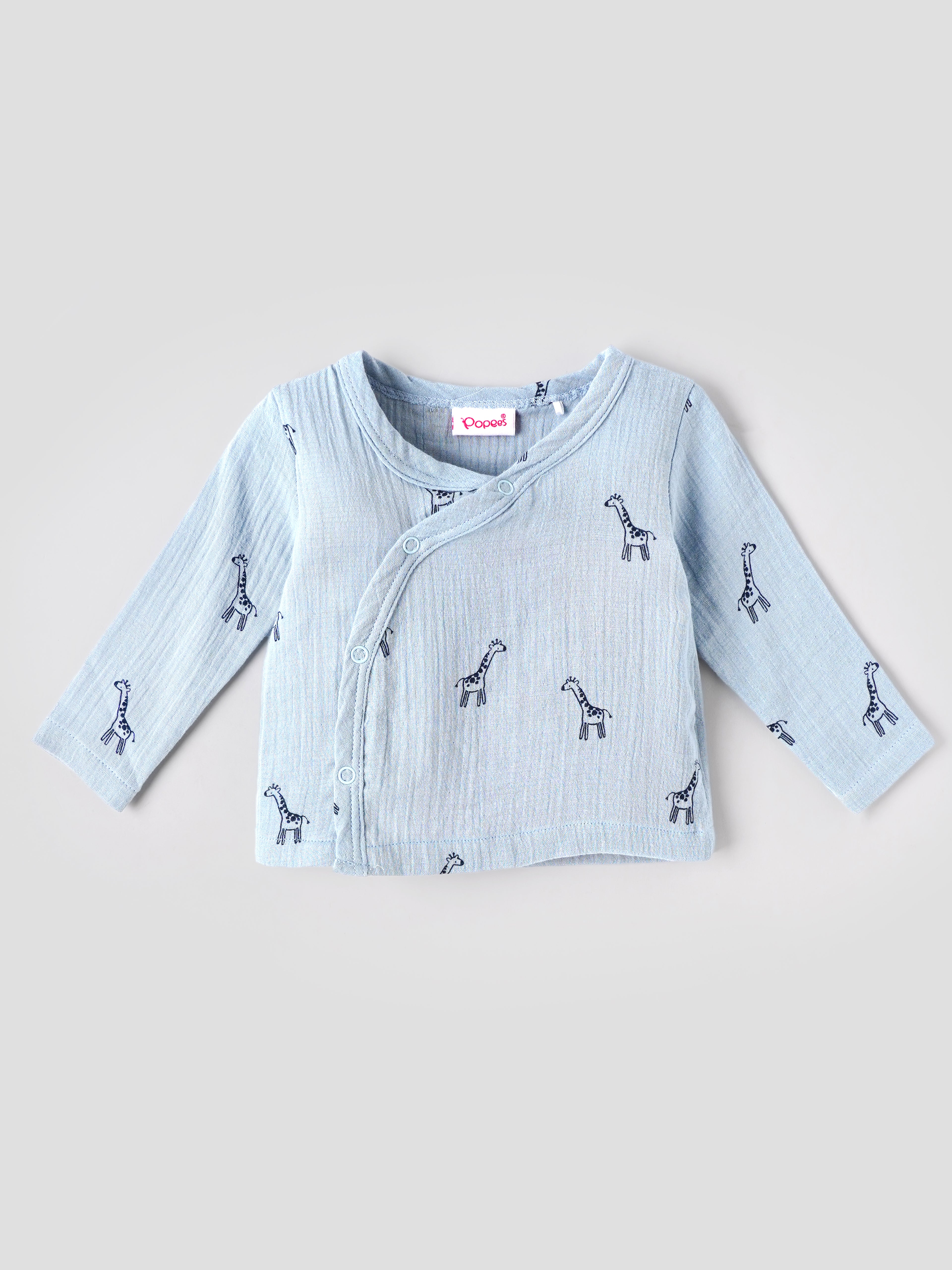Popees Unisex Giraffe Print 3-Piece Clothing Set | Soft Muslin Cotton Wrap Top, Pants & Bonnet | Blue | NB-9 Months