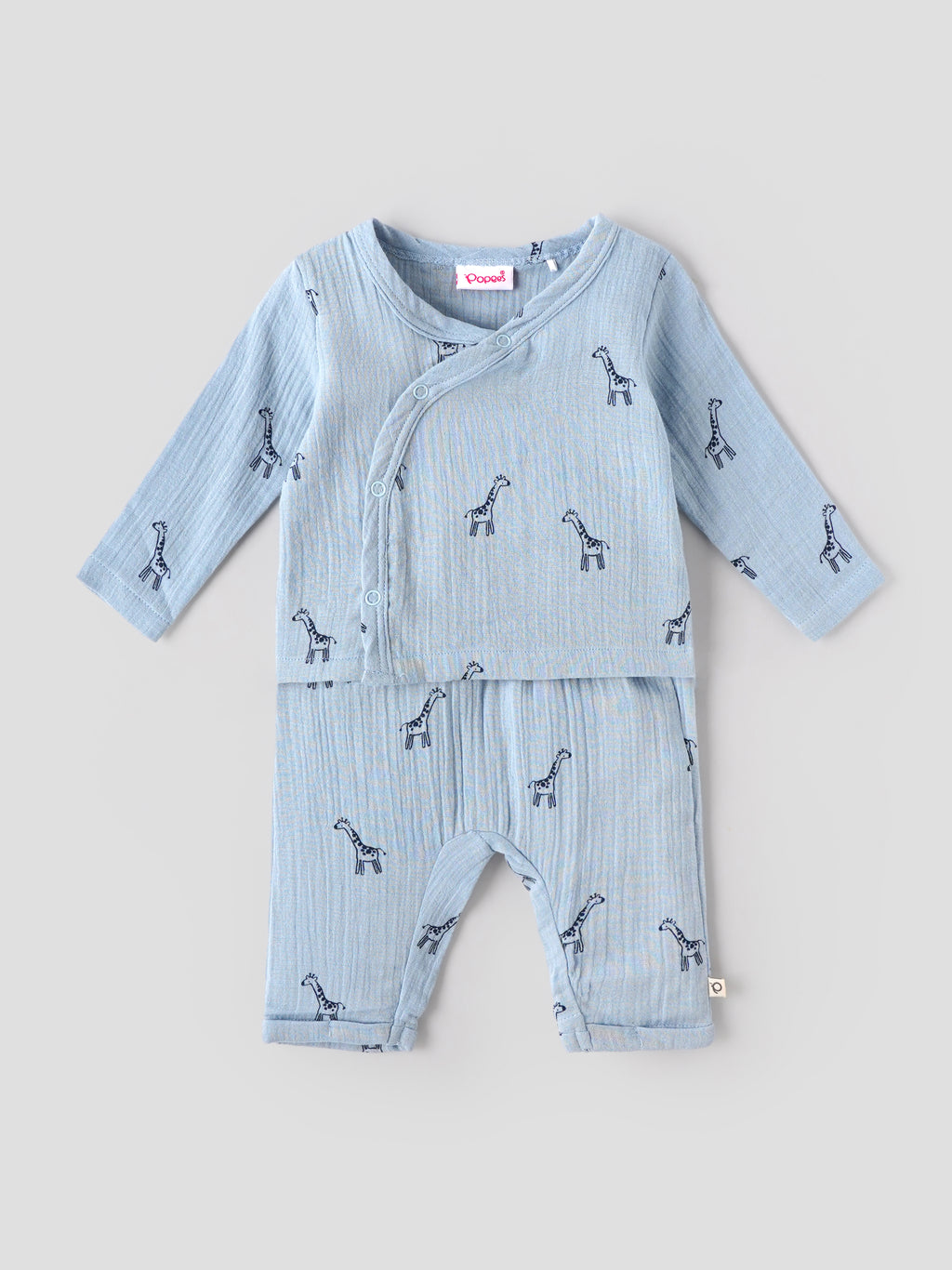 Popees Unisex Giraffe Print 3-Piece Clothing Set | Soft Muslin Cotton Wrap Top, Pants & Bonnet | Blue | NB-9 Months
