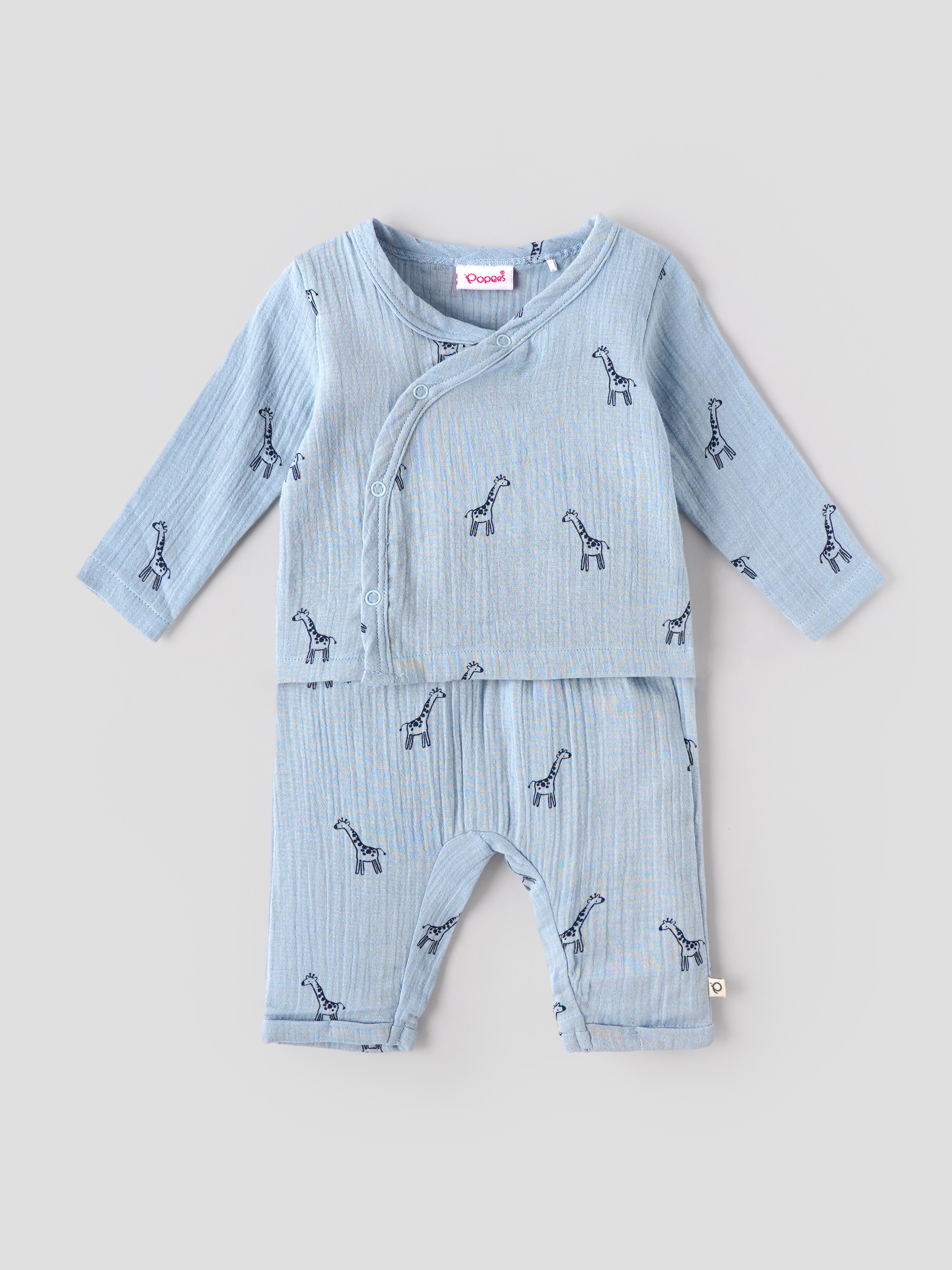 Popees Unisex Giraffe Print 3-Piece Clothing Set | Soft Muslin Cotton Wrap Top, Pants & Bonnet | Blue | NB-9 Months