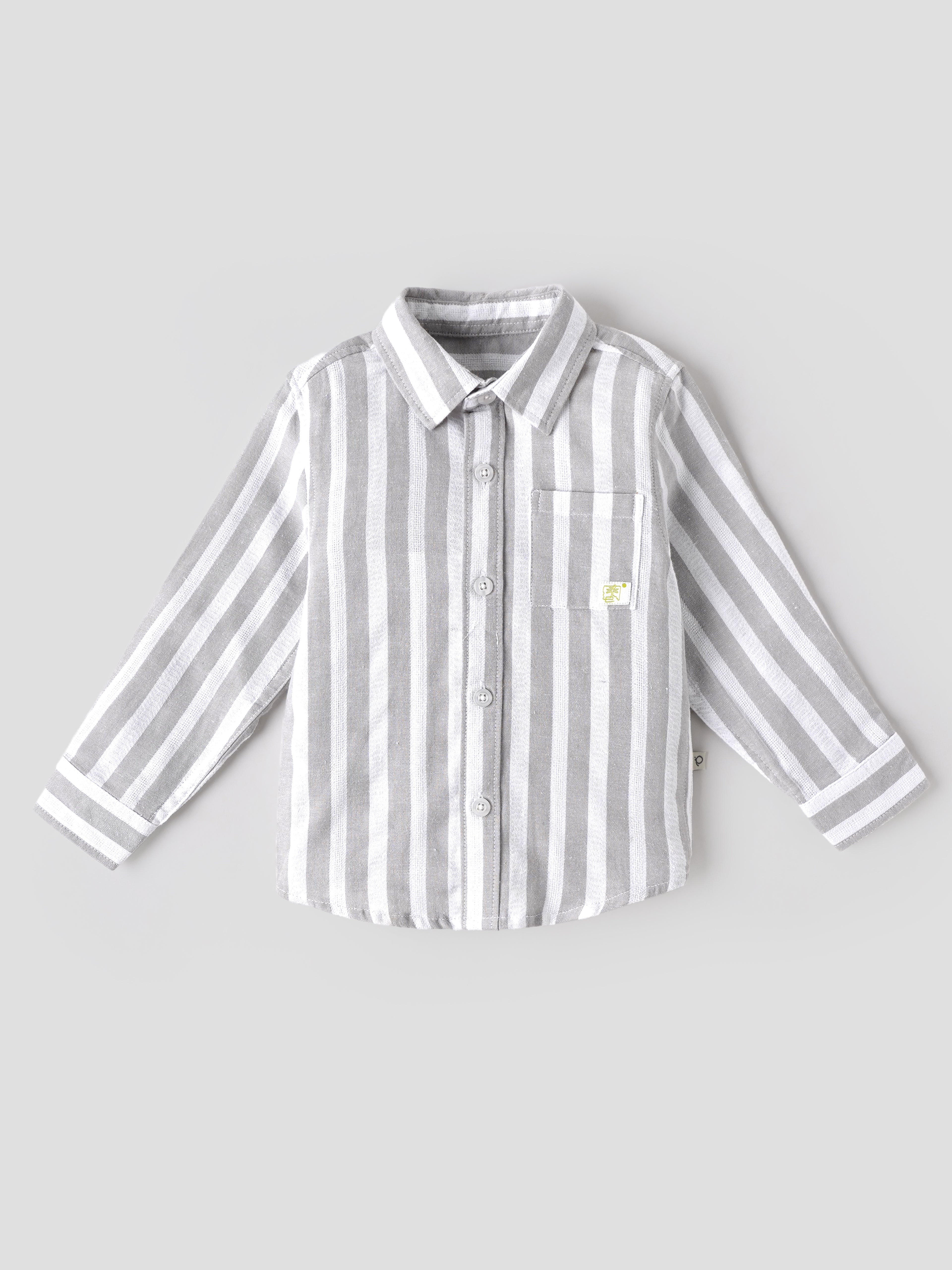 Popees Baby Boys Soft & Stylish Full Sleeve Striped Shirt | Collared Button-Down Shirt with Front Pocket | Grey & White(9M-4Y)