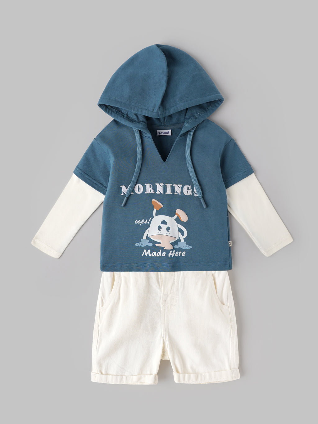 Popees Baby Boys Hooded Neck Top & Shorts Co-ord Set| Aegean Blue| 9 Months - 4 Years
